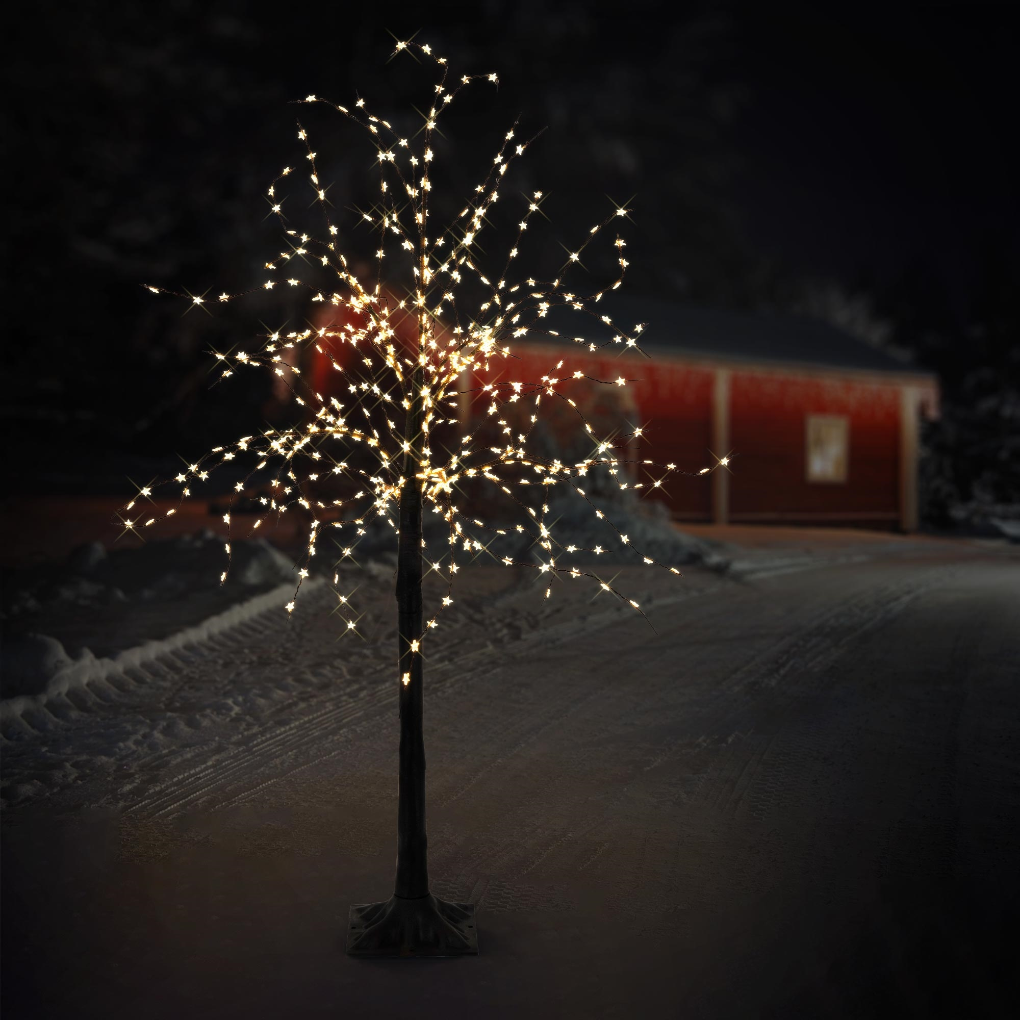 Ein dekorativer Baum mit sternförmigen Lichtern steht auf einem verschneiten Weg. Im Hintergrund ein rotes Haus.