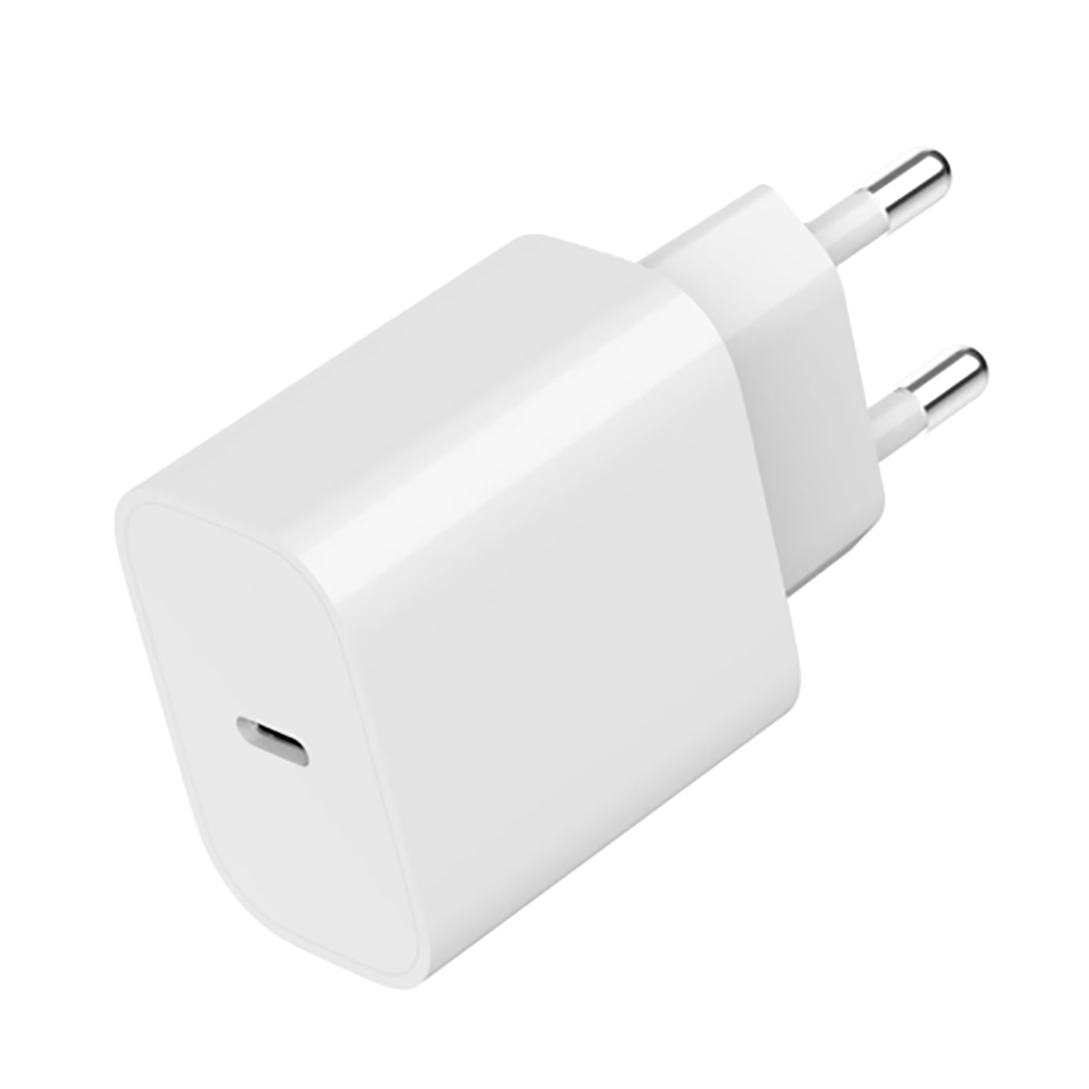 Ein weißes Netzteil mit zwei Stiften und einem USB-C-Anschluss. Es ist vor einem weißen Hintergrund.