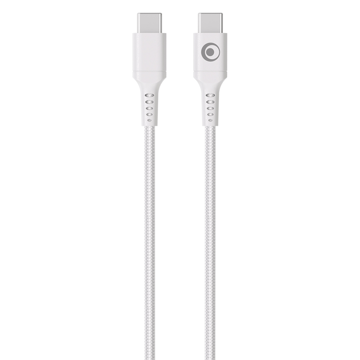 Zwei weiße USB-C-Ladekabel. Die Anschlüsse befinden sich oben, und die geflochtenen Kabel verlaufen nach unten. Eines hat ein Logo.