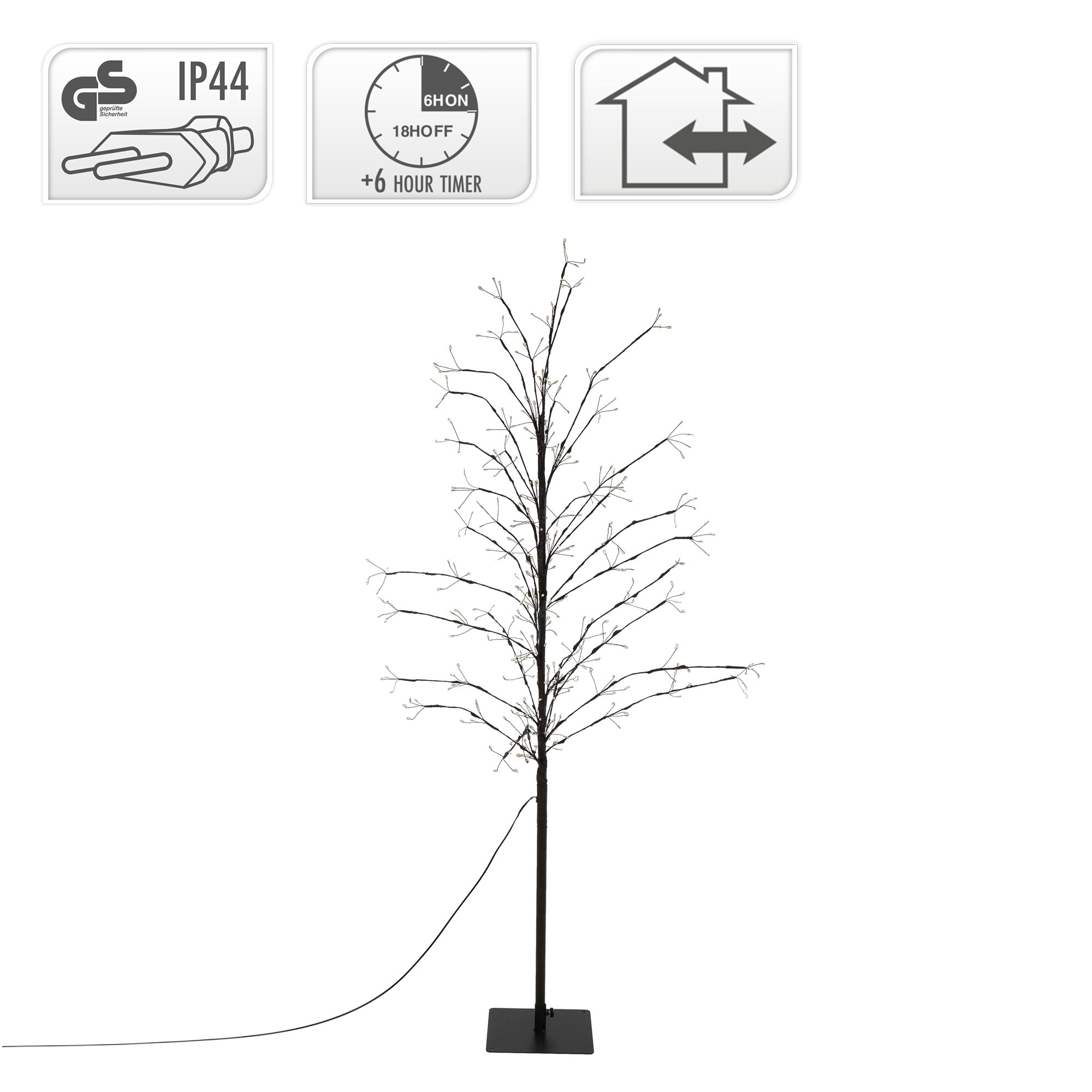Ein dekorativer Baum mit kleinen Lichtern. Er hat einen schwarzen Stamm und Äste. Er steht auf einem quadratischen Sockel mit einem schwarzen Draht.