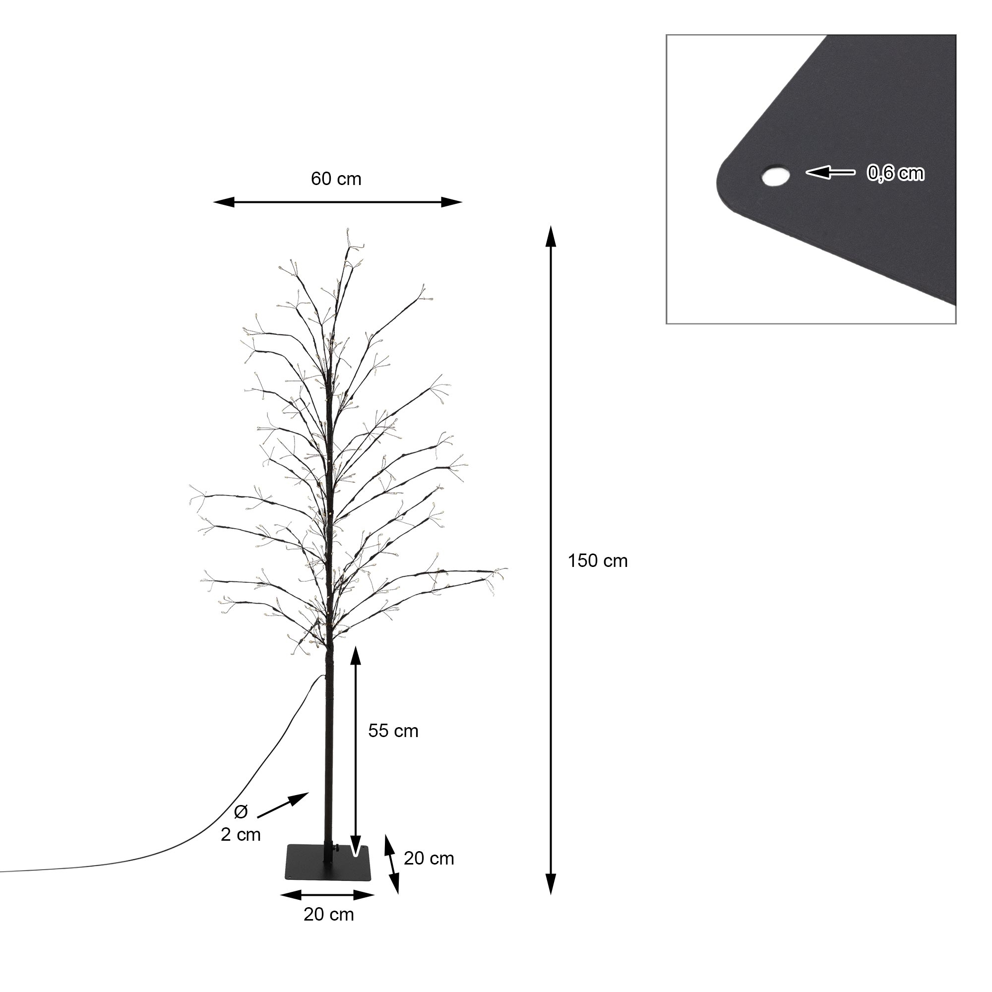 Ein dekorativer Baum mit Lichtern. Er hat einen schwarzen Sockel und Stamm. Abmessungen sind im Bild enthalten.