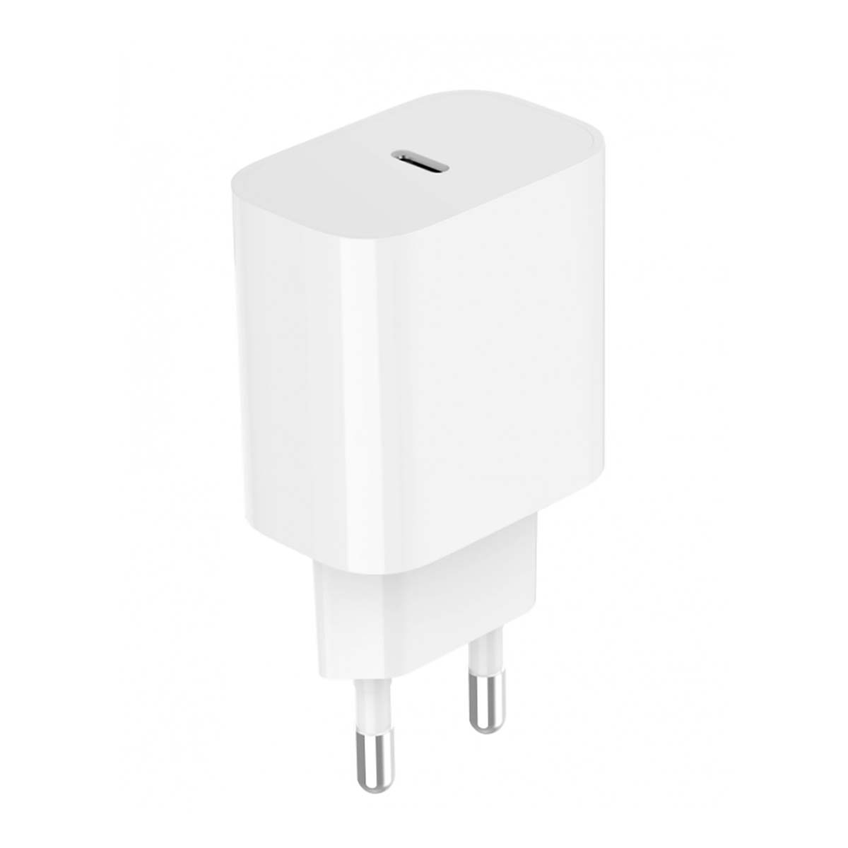 Ein weißer Netzadapter mit zwei Stiften und einem USB-C-Anschluss. Er befindet sich vor einem weißen Hintergrund.