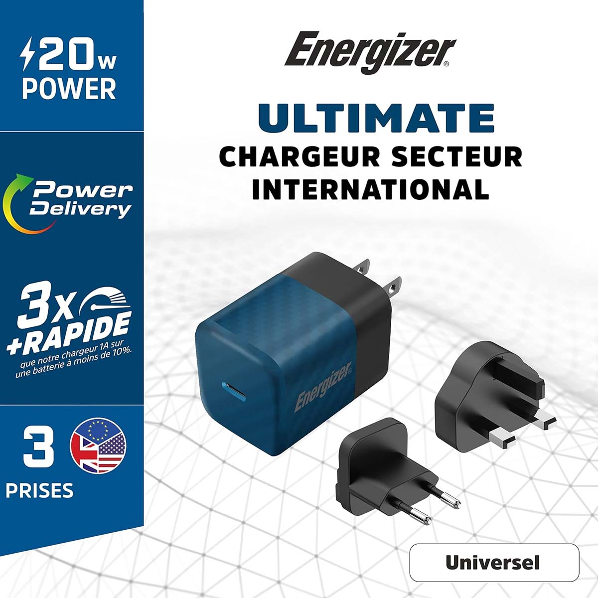 Caricatore Energizer con più prese internazionali. Caratteristiche: 420W di potenza, Power Delivery e ricarica rapida 3x.