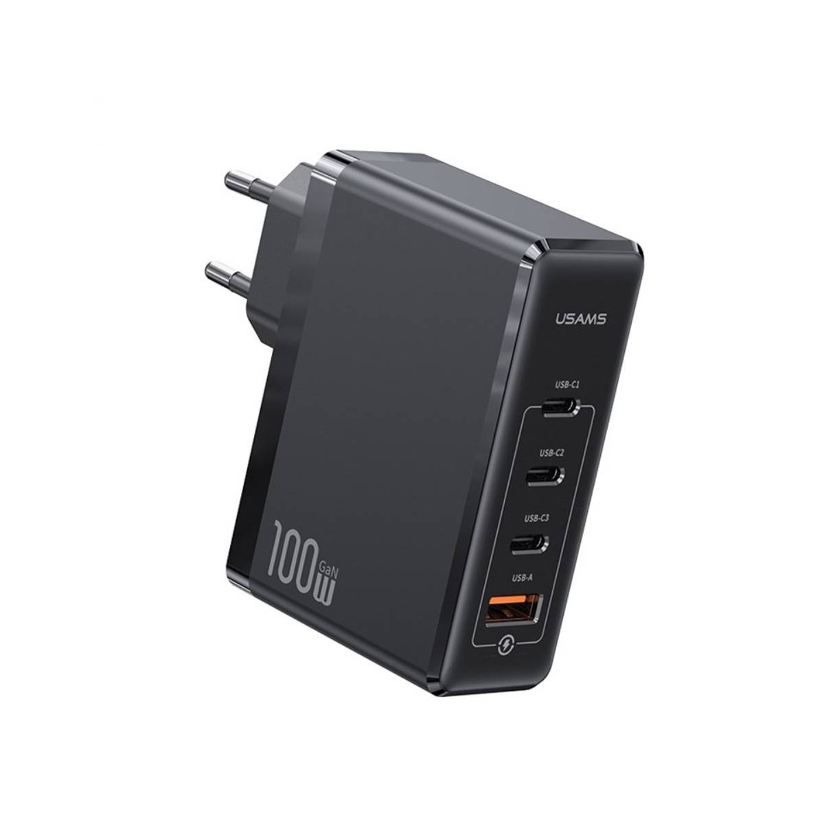 Schwarzes USAMS 100W GaN-Ladegerät mit mehreren USB-Anschlüssen. Es hat einen Stecker auf einer Seite. Das Ladegerät befindet sich auf weißem Hintergrund.