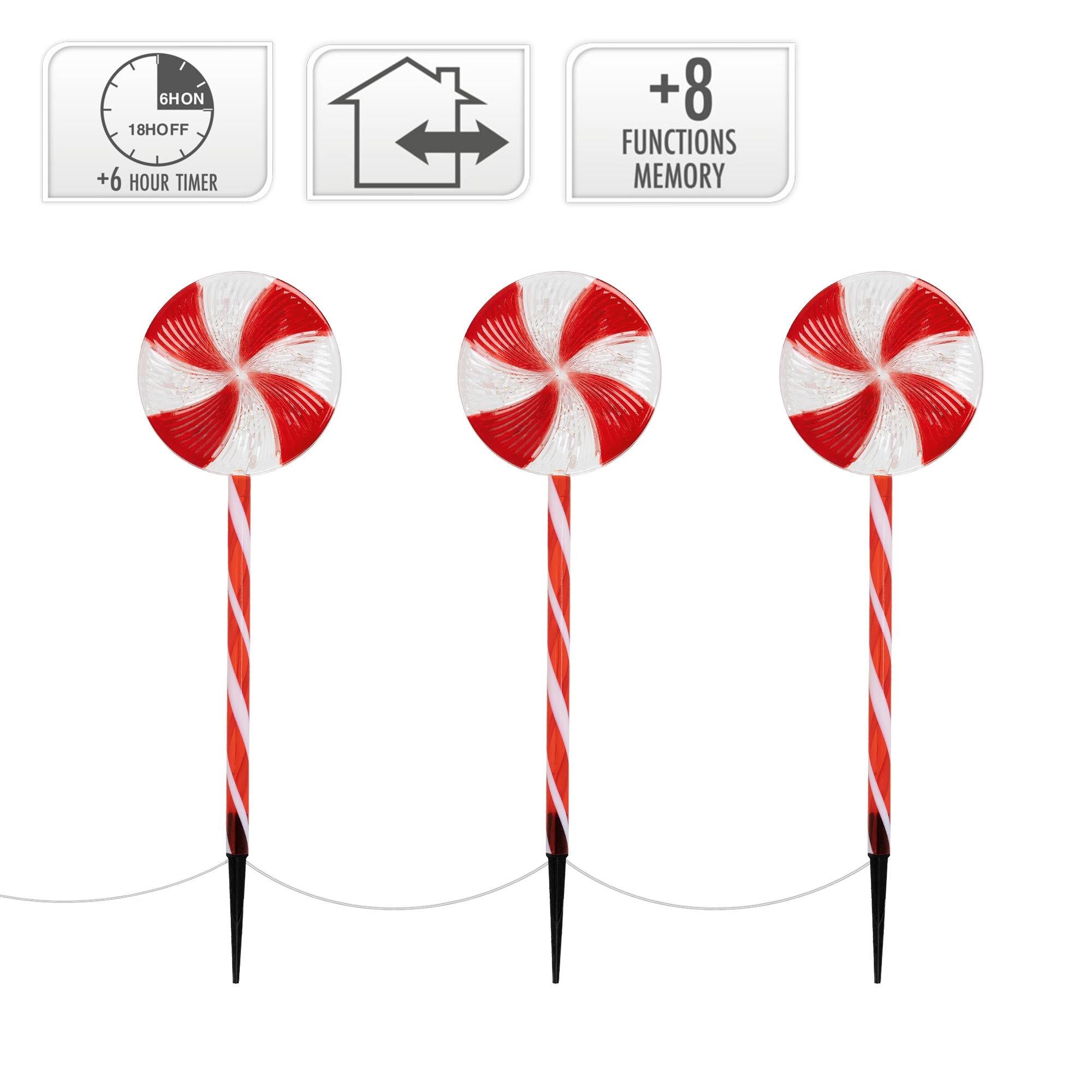 Drei Zuckerstangenlichter mit rot-weißen Spiralen. Jedes hat einen Pfahl und Timer-Optionen, +8 Funktionen.