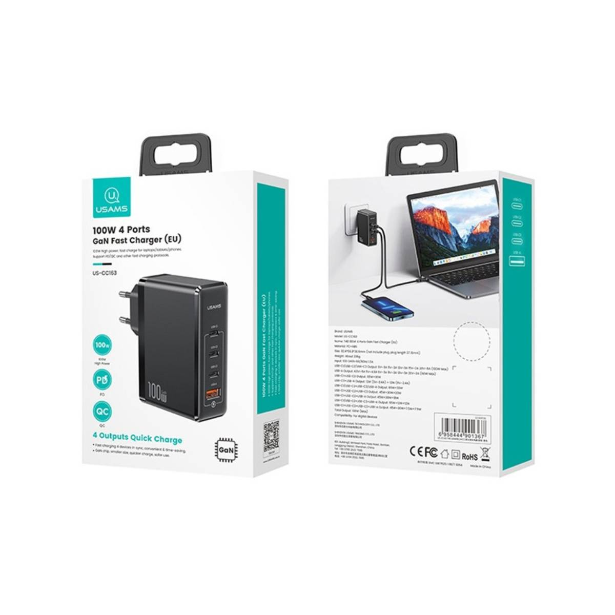 Eine Produktbox mit einem schwarzen USAMS 100W 4 Ports GaN Fast Charger (EU) mit einer Illustration von Ladegerät und Laptop.