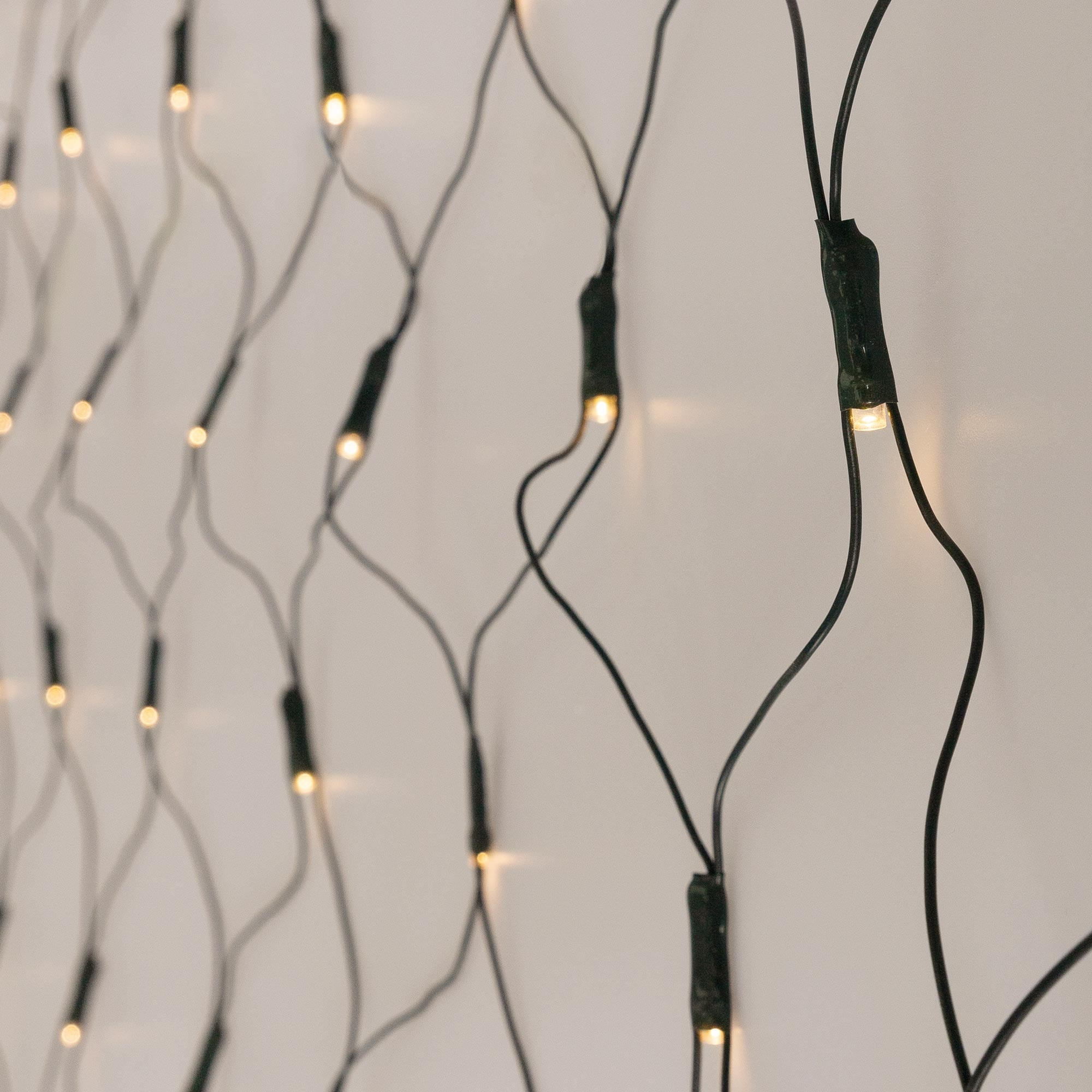 Nahaufnahme von Lichterketten. Schwarze Drähte mit kleinen Glühbirnen vor weißem Hintergrund. Einige Lichter sind an.