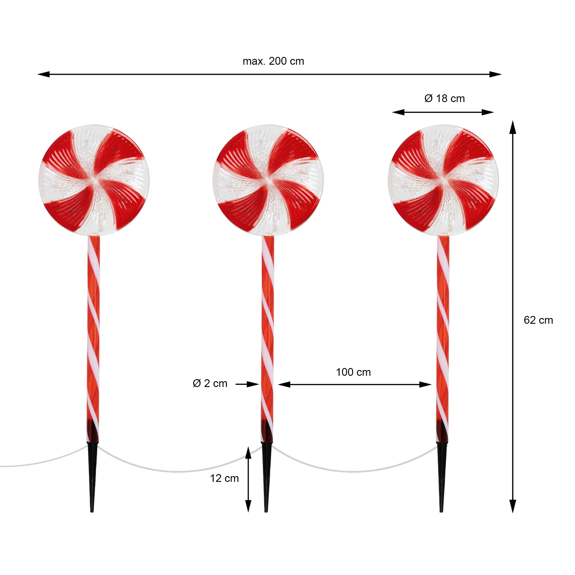 Drei Lutscher mit Zuckerstangenstreifen. Jeder hat ein rot-weißes Spiraldesign. Maße und Messungen sind ebenfalls angegeben.