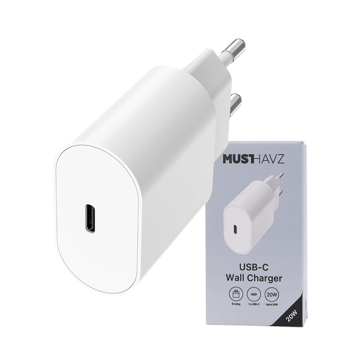 Un caricatore da muro USB-C bianco con spina e una scatola con la scritta 'USB-C Wall Charger' e il marchio 'MUSHAVZ'.