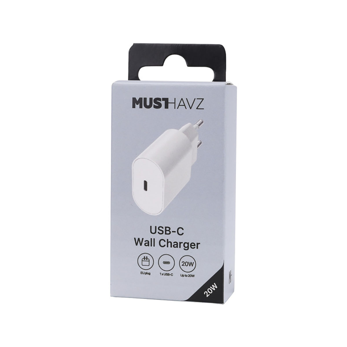 Un caricabatterie da parete USB-C bianco è esposto sulla sua scatola. La scatola è bianca e ha testo nero. Il caricabatterie è da 20W.