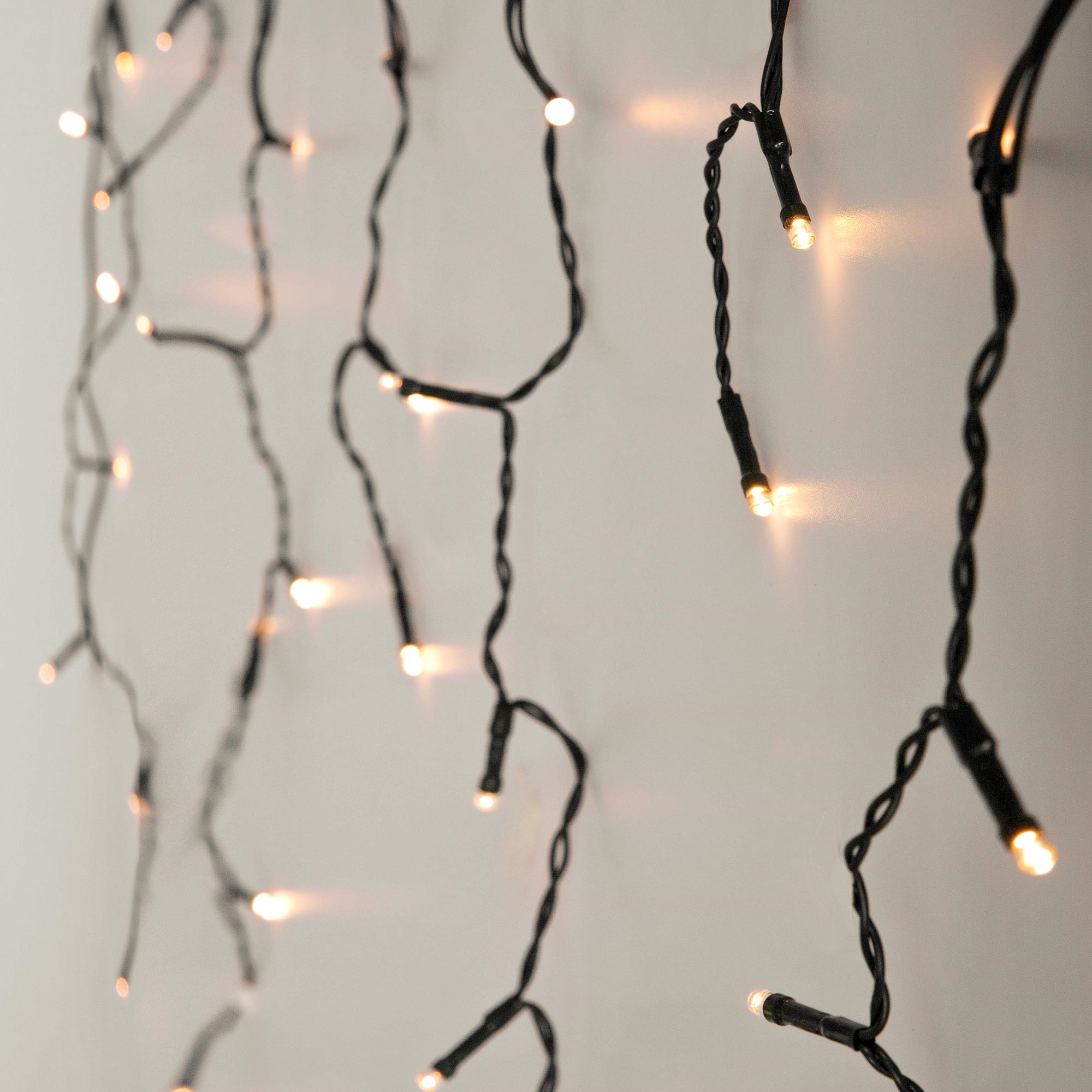 Nahaufnahme von Lichterketten vor weißem Hintergrund. Schwarze Drähte halten kleine, warmweiße Glühbirnen. Die Lichter hängen herunter.