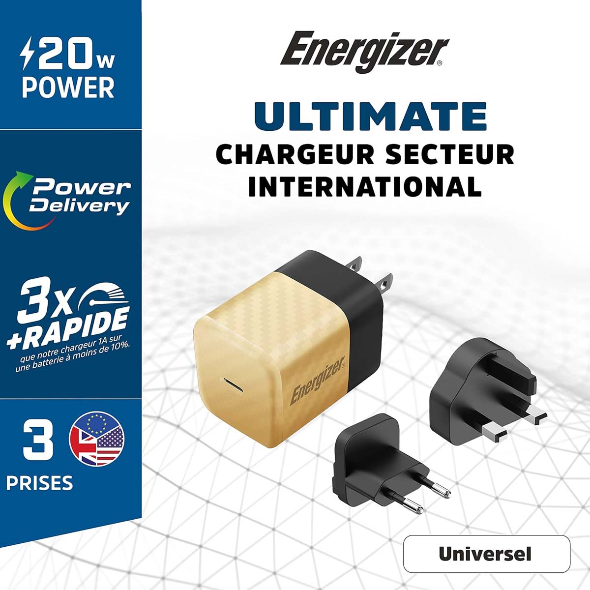 Un caricabatterie Energizer con tre adattatori per spina. Il testo include 'Ultimate', 'Chargeur secteur international' e 'Power Delivery'.