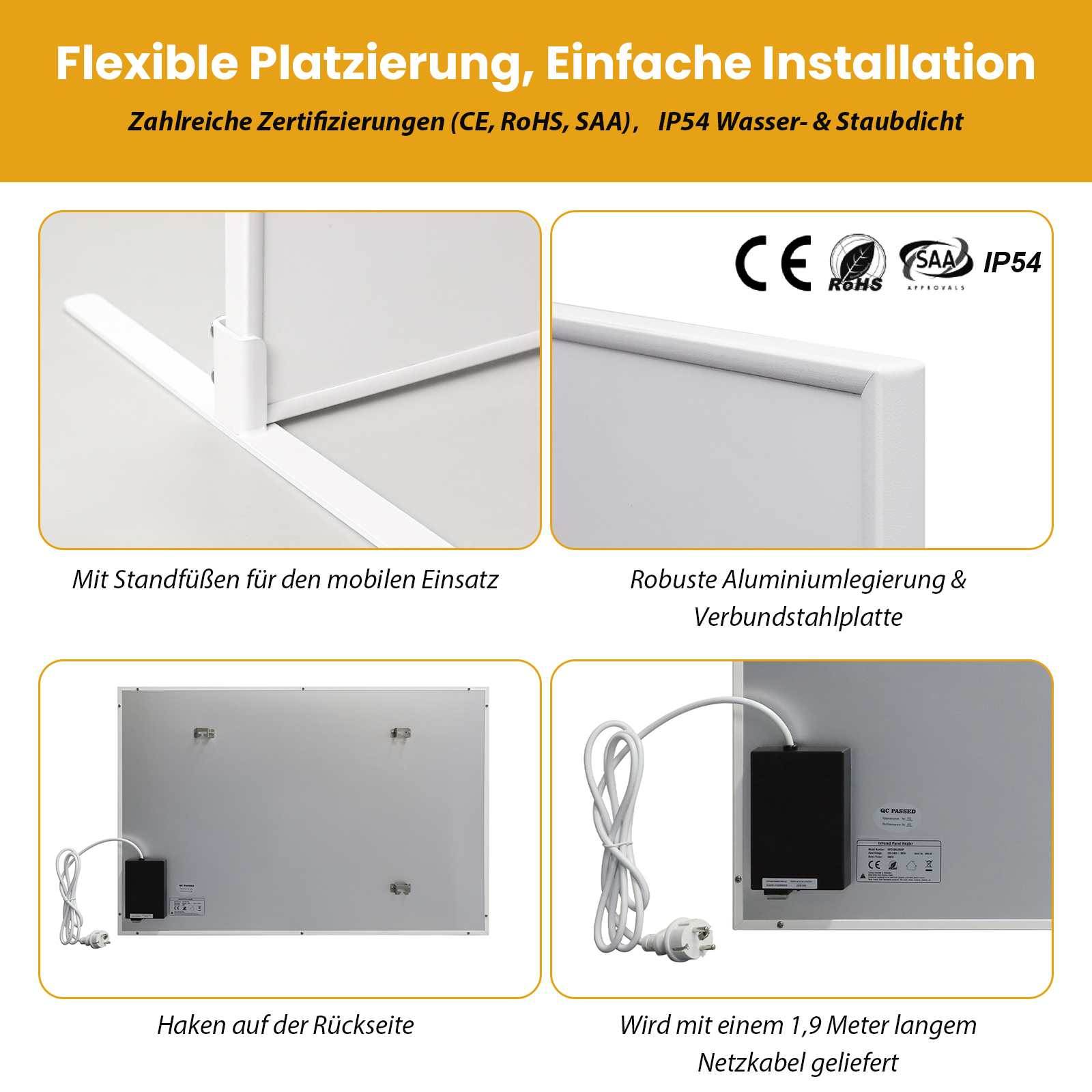 Produktbilder mit Textbeschreibungen. Enthält Zertifizierungen, Produktdetails und Montage. Weiße und schwarze Elemente sind sichtbar.