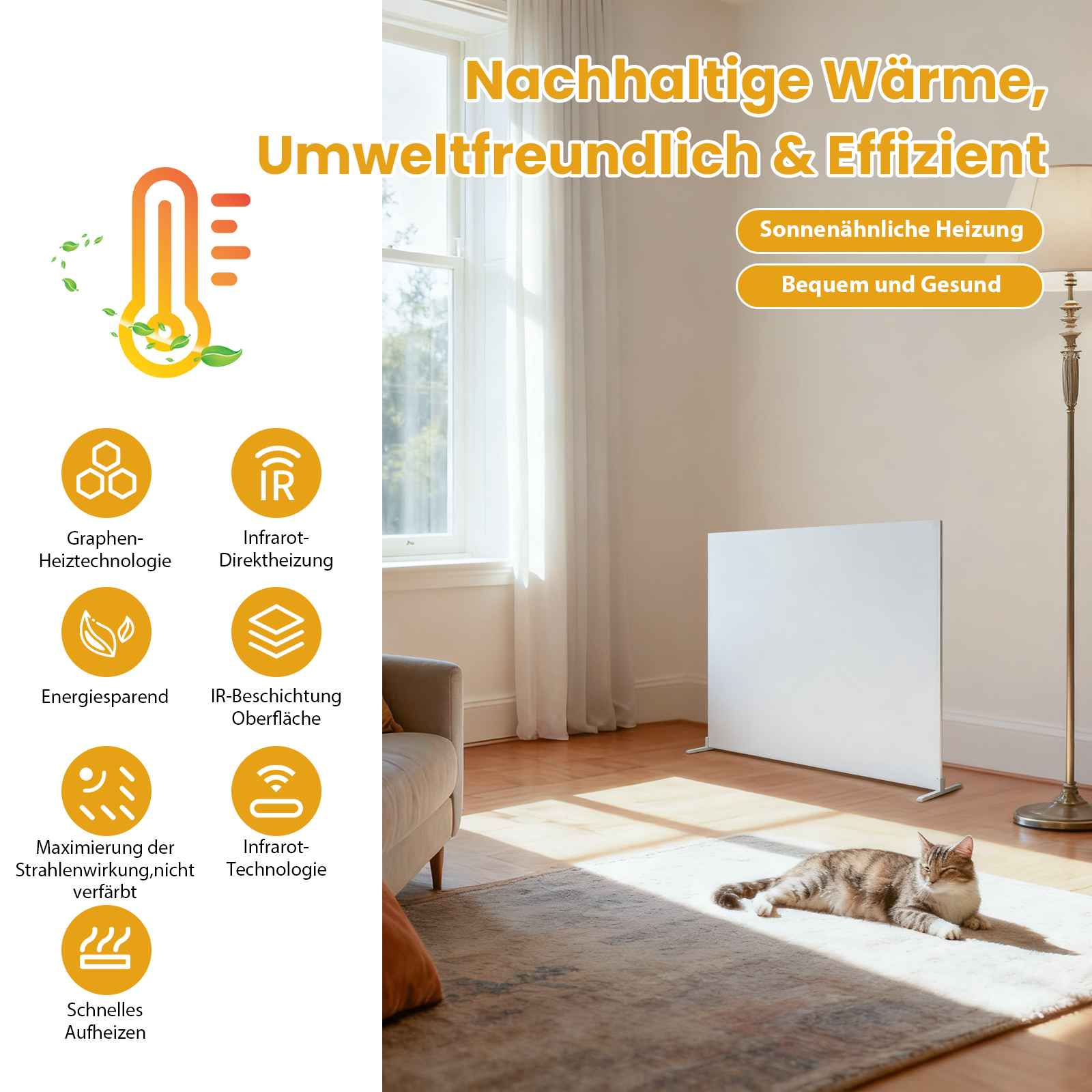 Ein weißes Heizpaneel in einem Wohnzimmer mit einer Katze auf einem Teppich. Text: 'Nachhaltige Wärme, umweltfreundlich & effizient'.
