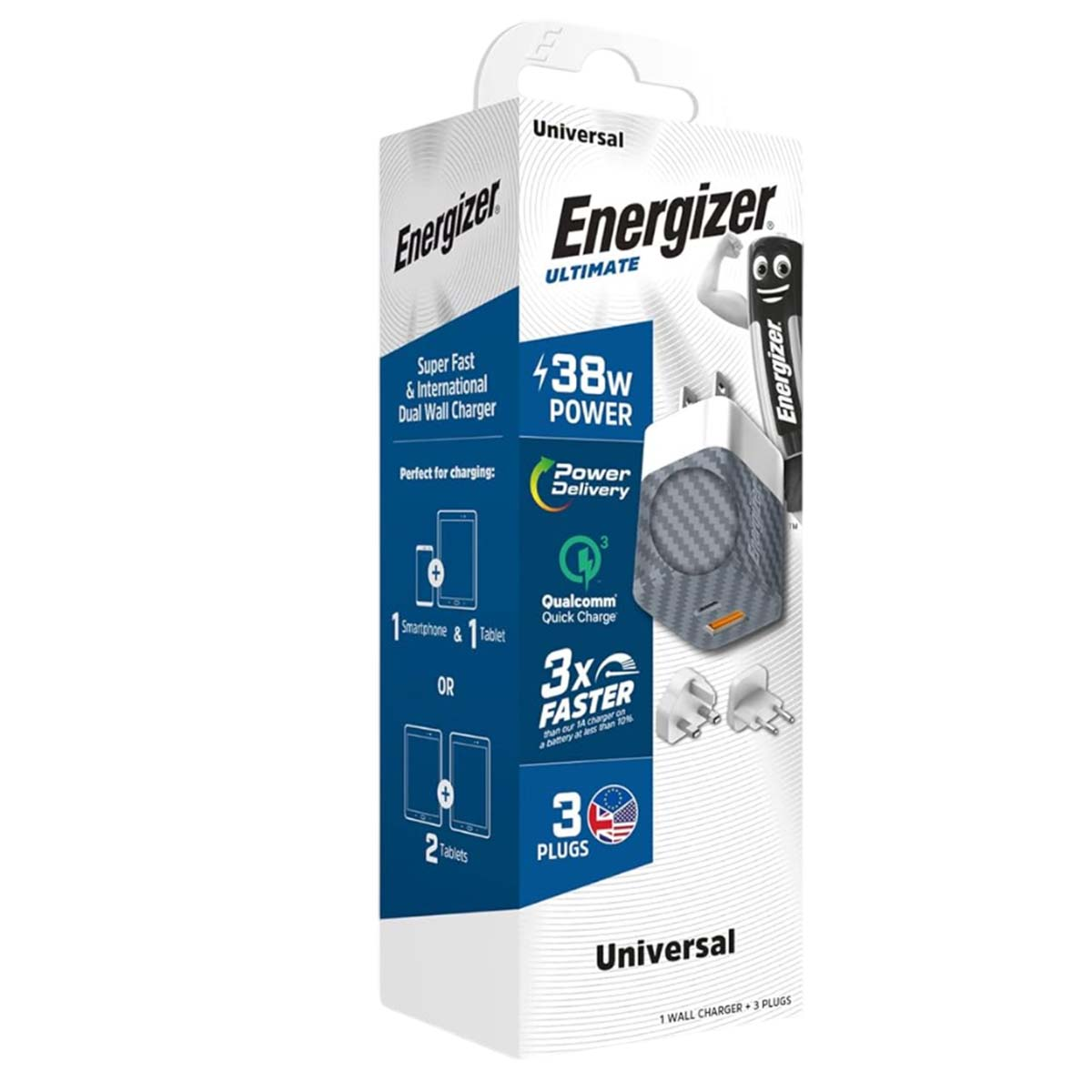 Scatola caricatore da muro Energizer Ultimate. Caratteristiche: 38W, Power Delivery, Qualcomm Quick Charge e 3 spine.