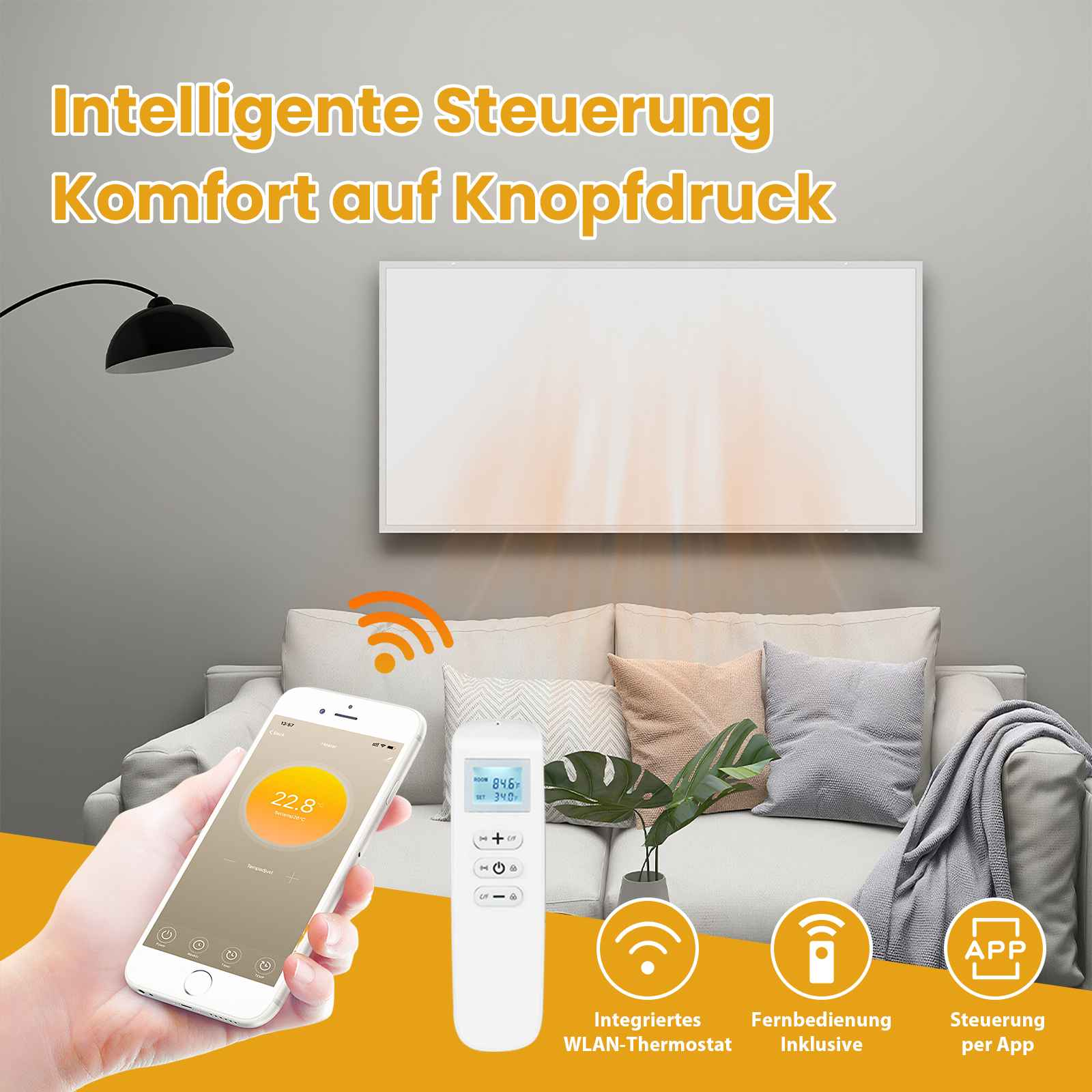 Eine Hand hält ein Telefon mit Temperaturanzeige. Fernbedienung, Couch und Text über intelligente Steuerung sind sichtbar.