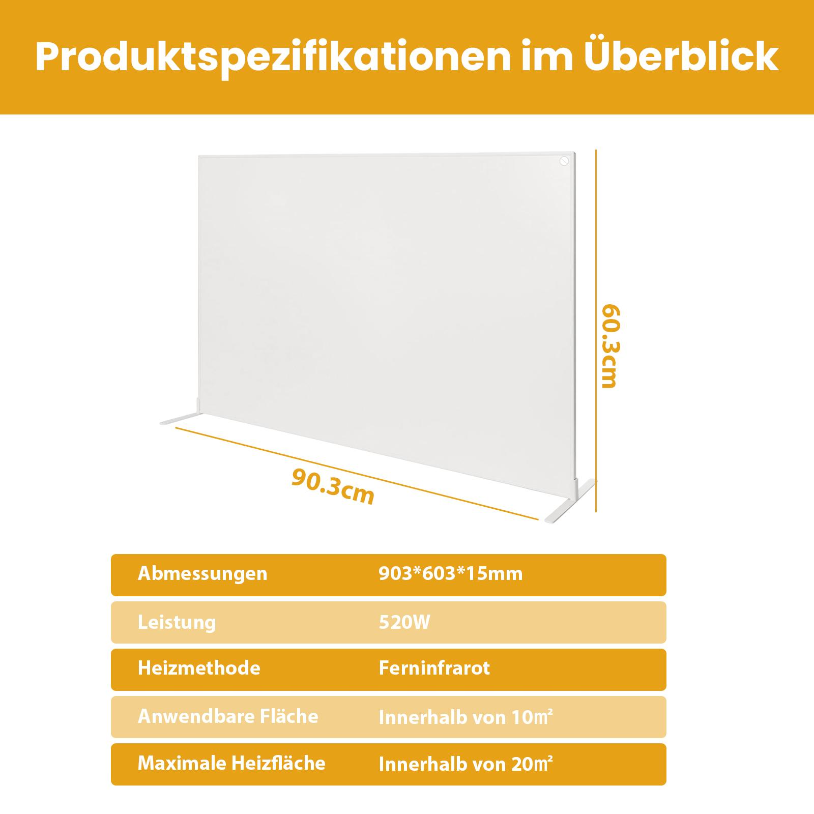 Ein weißes Panel mit Abmessungen. Text zeigt Produktspezifikationen. Enthält Abmessungen, Leistung, Heizmethode und Fläche.