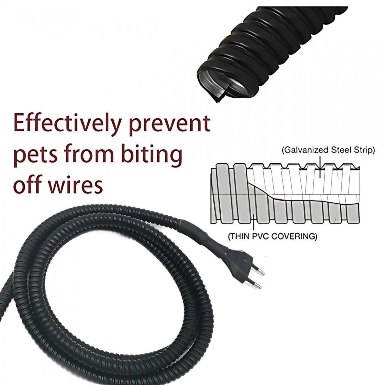 Schwarzes, gewelltes Kabel mit Stecker, Diagramm aus Stahlband und PVC-Ummantelung. Text: Verhindern Sie, dass Haustiere auf Drähten kauen.