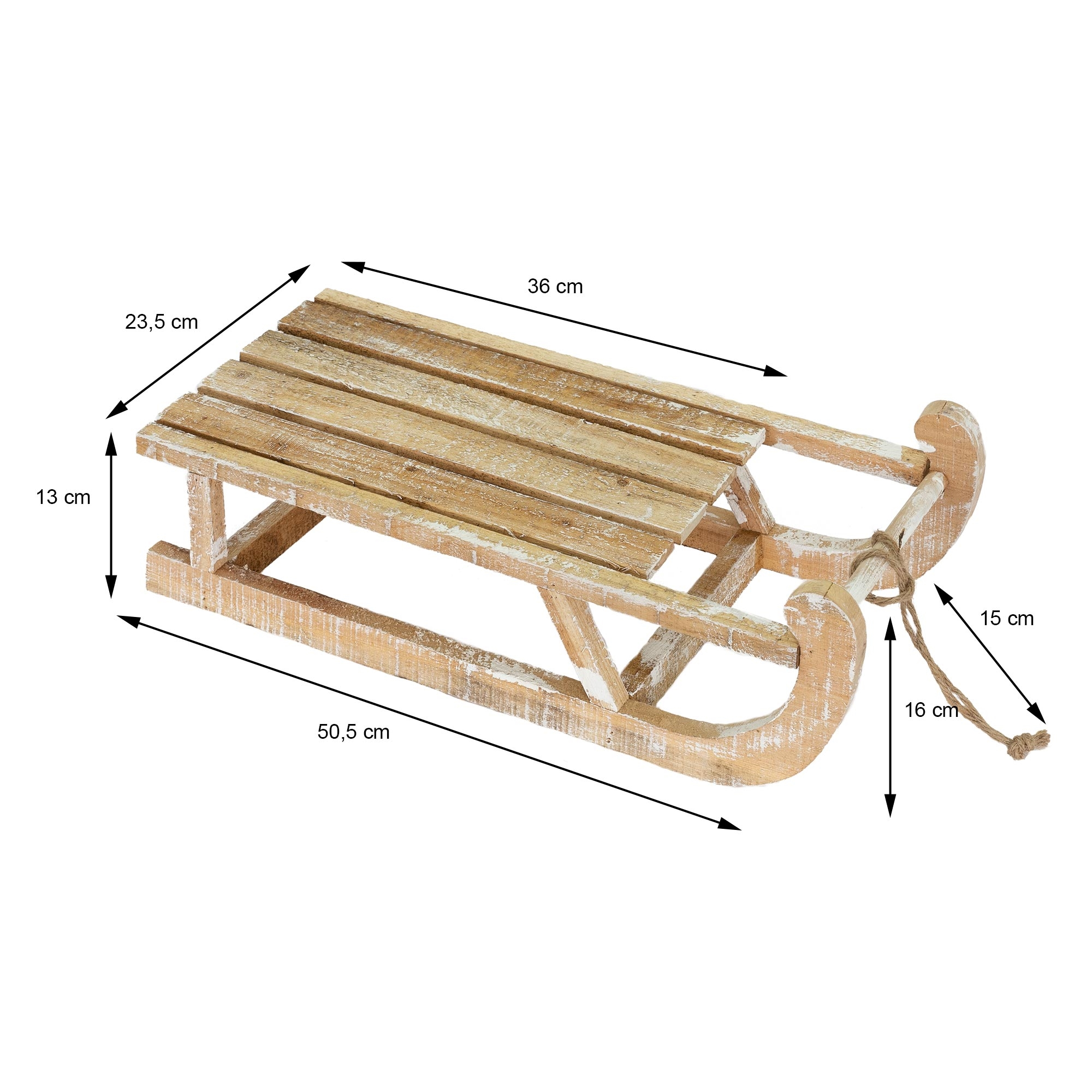 Holzschlitten mit Maßen. Braunes Holz mit weißen Akzenten. Seil zum Ziehen. Maße: 50,5 cm lang, 36 cm breit, 13 cm hoch.