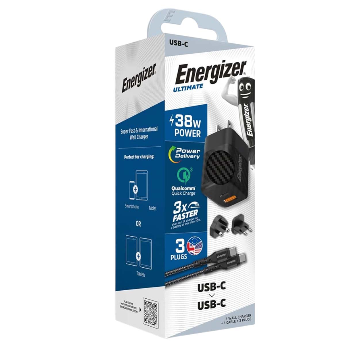 Confezione caricatore da parete Energizer. Caricatore e cavo neri mostrati. Caratteristiche: 38W di potenza, Power Delivery, Qualcomm Quick Charge e 3 spine.