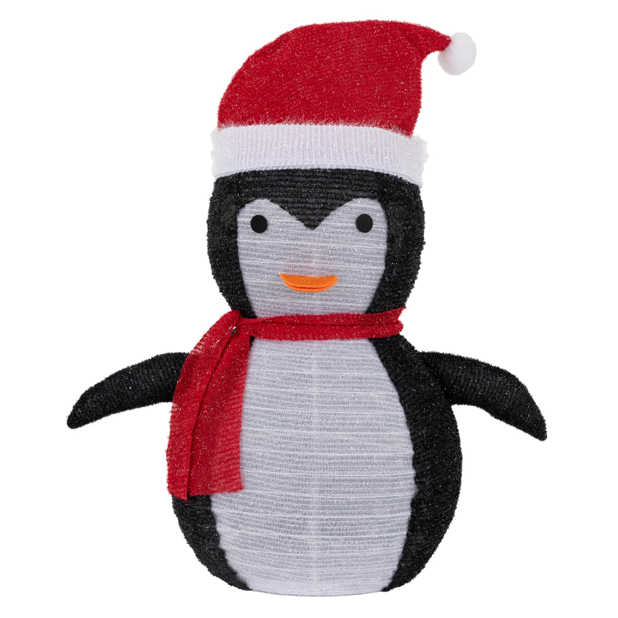 Eine Pinguin-Dekoration mit roter Weihnachtsmütze und Schal, mit schwarzen Flügeln, Augen und einem orangen Schnabel.