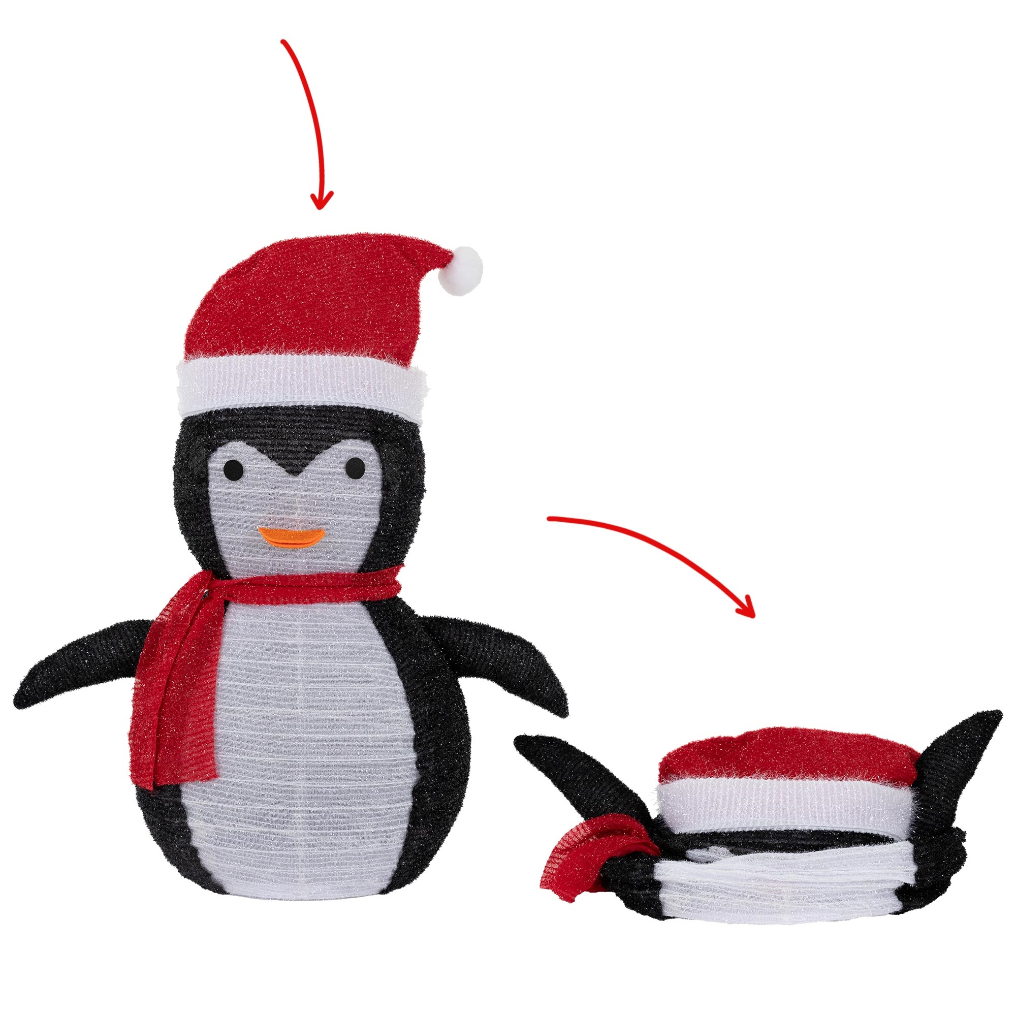 Ein dekorativer Pinguin mit Weihnachtsmütze und Schal sowie eine separate Mütze vor weißem Hintergrund.