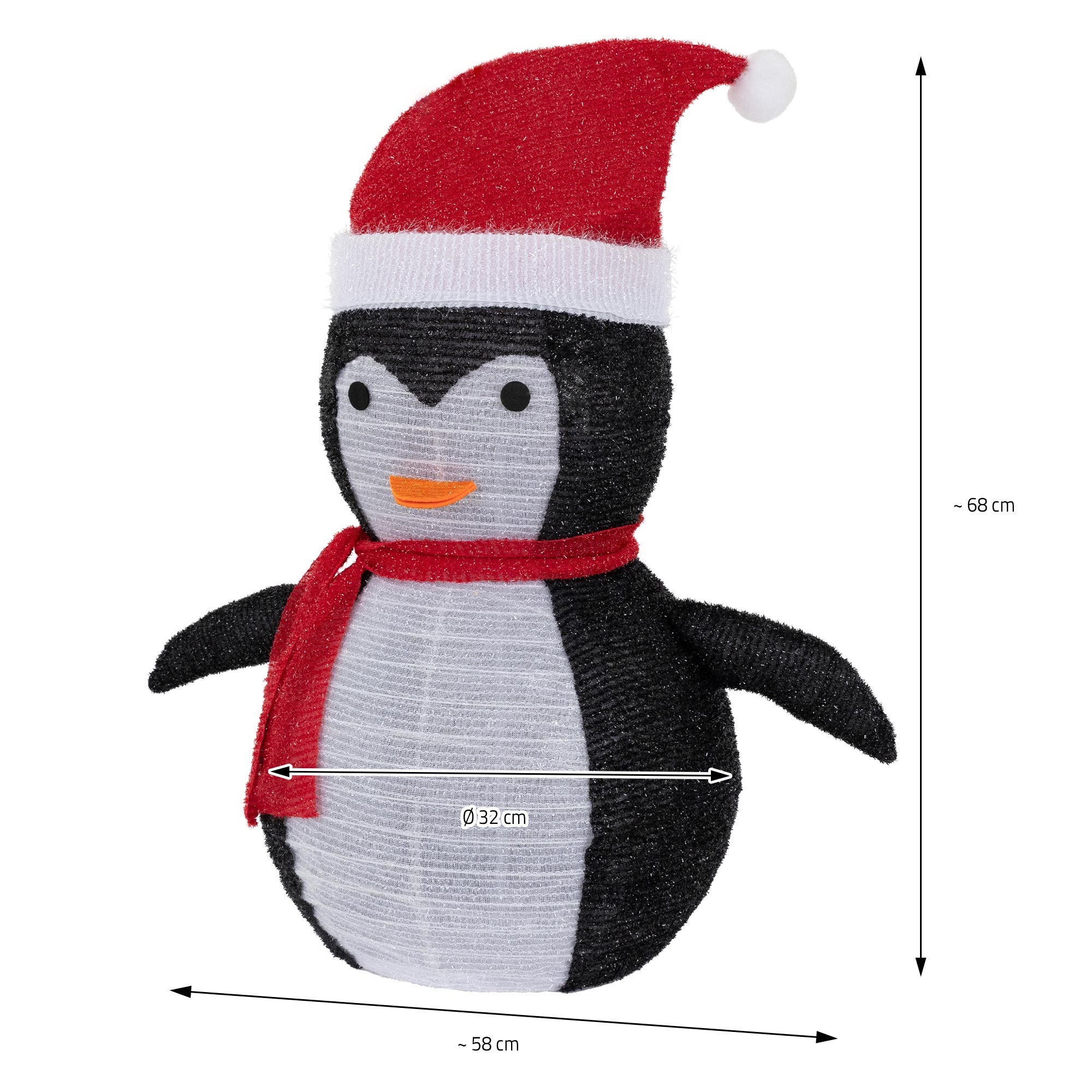 Ein dekorativer Pinguin mit Weihnachtsmütze, Schal und ausgestreckten Armen. Maße: 68 cm hoch, 32 cm Durchmesser und 58 cm breit.