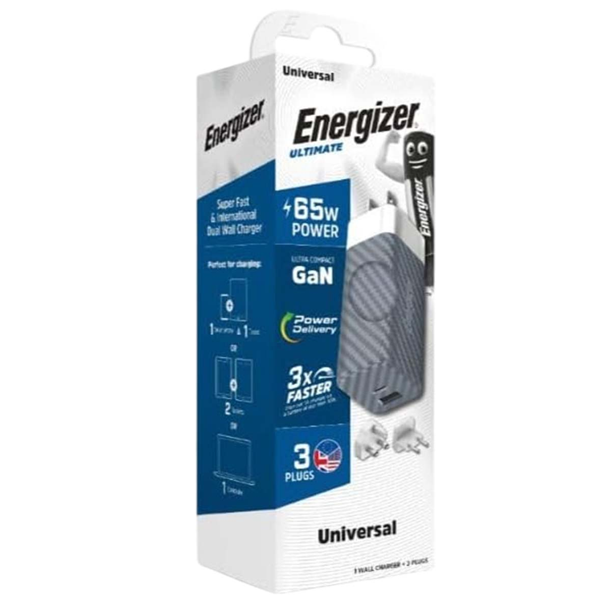 Confezione caricatore da parete Energizer. Ha il logo, un'etichetta di alimentazione da 65 W e immagini di dispositivi di ricarica. Include 3 spine.