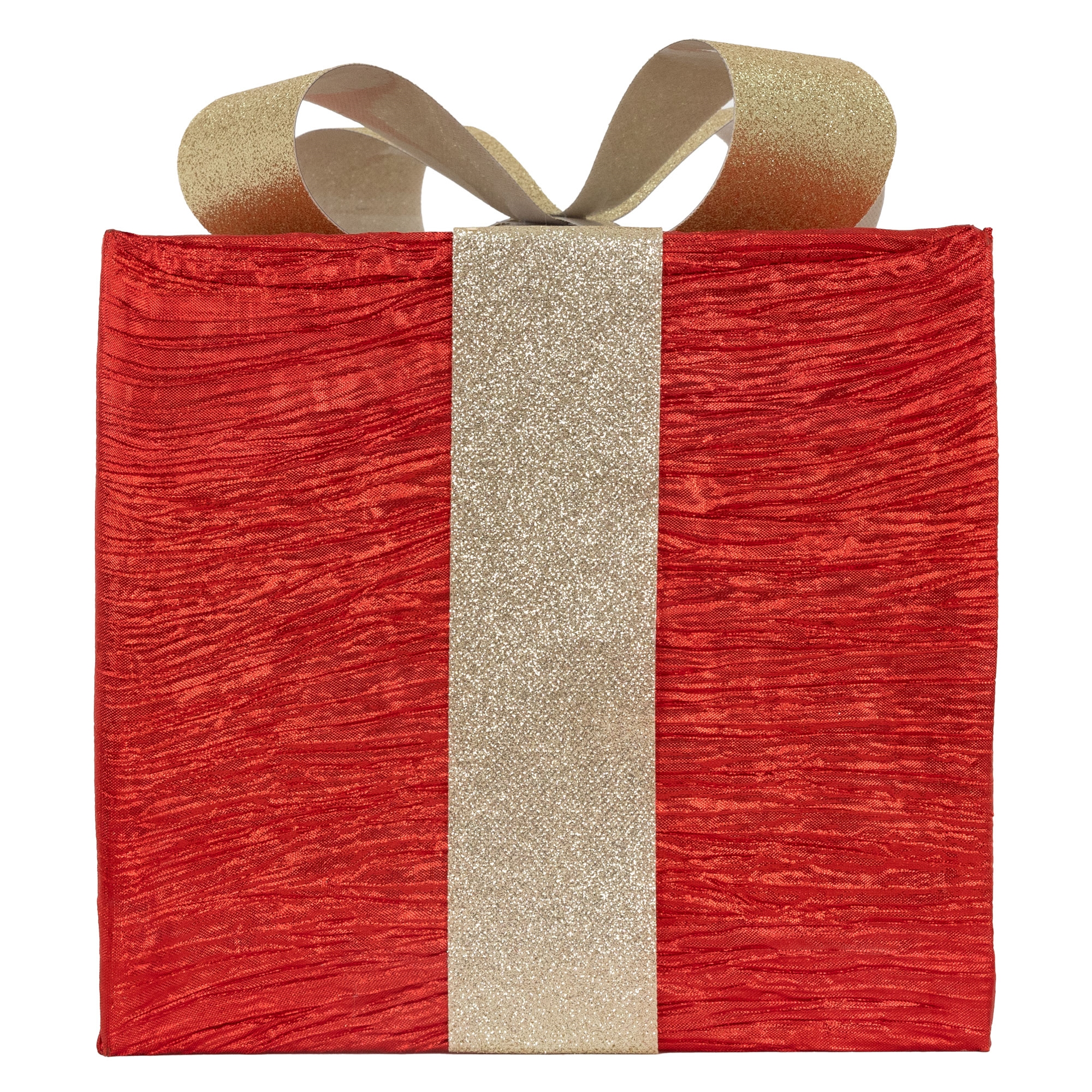 Rote Geschenkbox mit goldenem Band und Schleife. Die Box ist quadratisch und steht auf weißem Hintergrund.