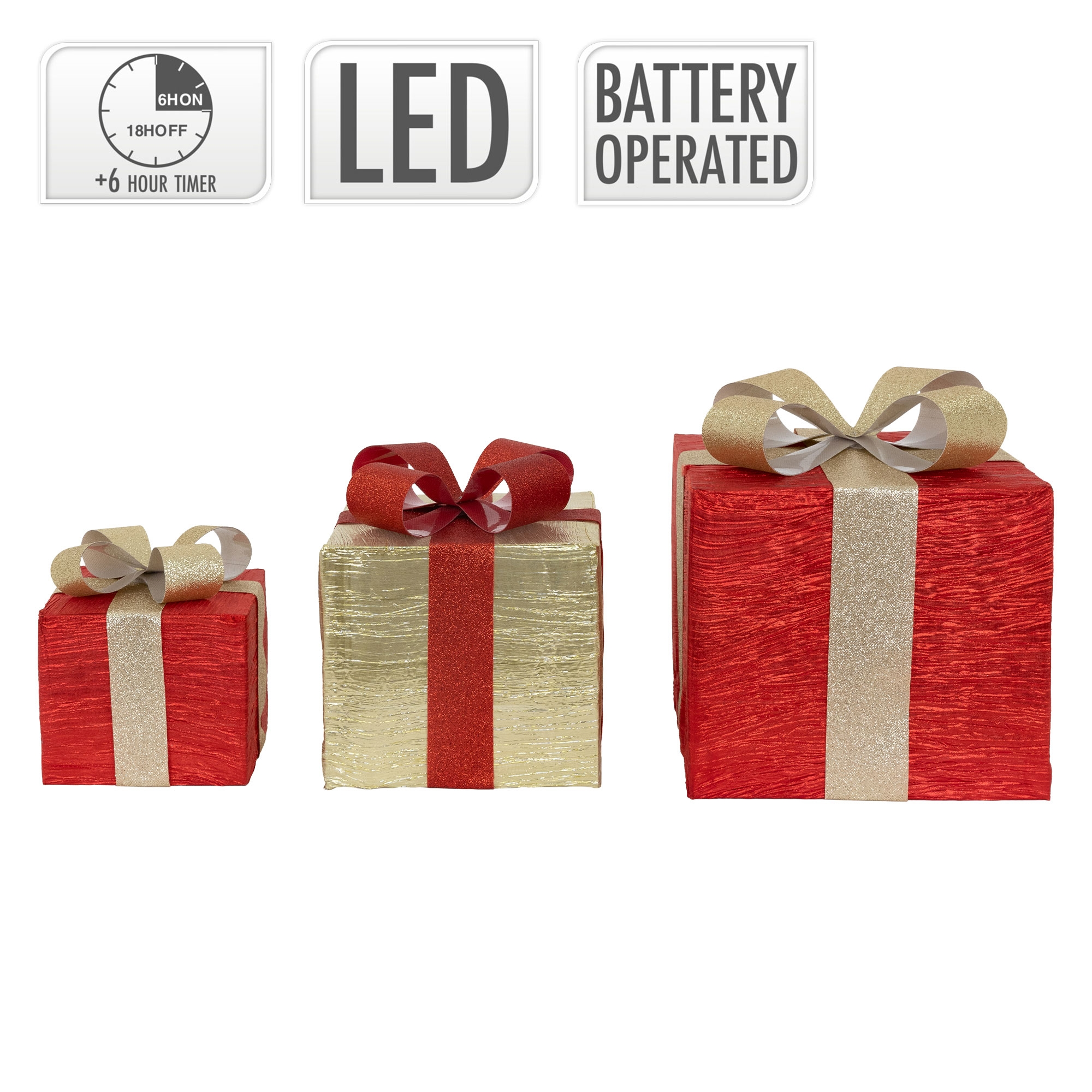 Drei rot-goldene Geschenkboxen mit Schleifen. Schilder oben sagen LED, batteriebetrieben und +6-Stunden-Timer.