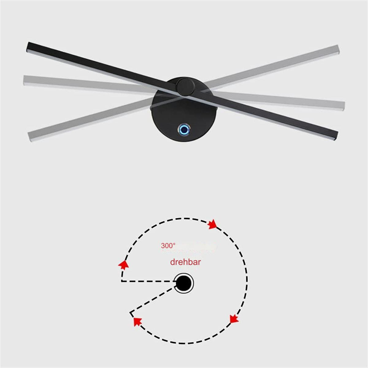 Modernes Uhrdesign mit schwarzen Zeigern, einem schwarzen Zentrum und einem Diagramm mit 300-Grad-Drehung, beschriftet mit 'drehbar'.