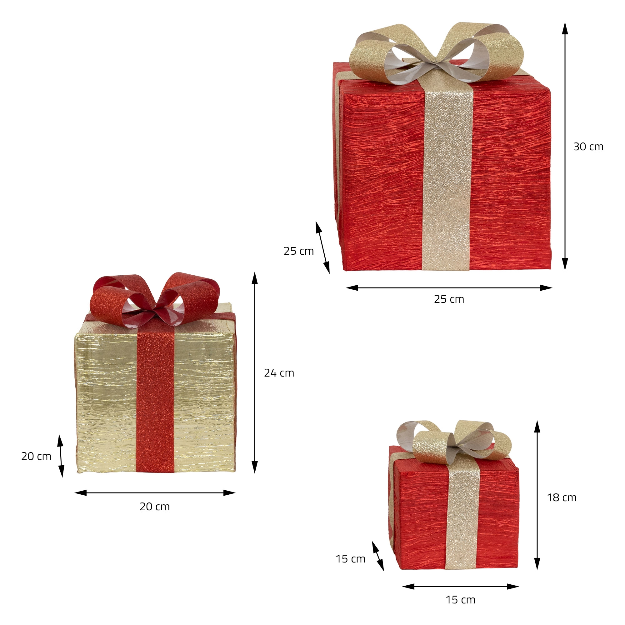 Drei Geschenkboxen: Gold und Rot mit Schleifen. Die Abmessungen sind auf jeder Box angegeben.