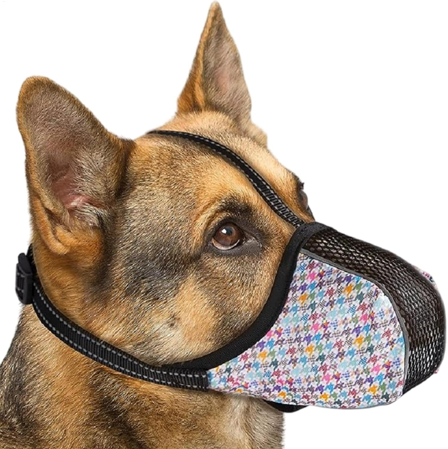 Ein Deutscher Schäferhund mit Maulkorb. Der Maulkorb hat ein farbenfrohes Hahnentrittmuster und schwarzes Netz. Die Ohren des Hundes sind aufgestellt.