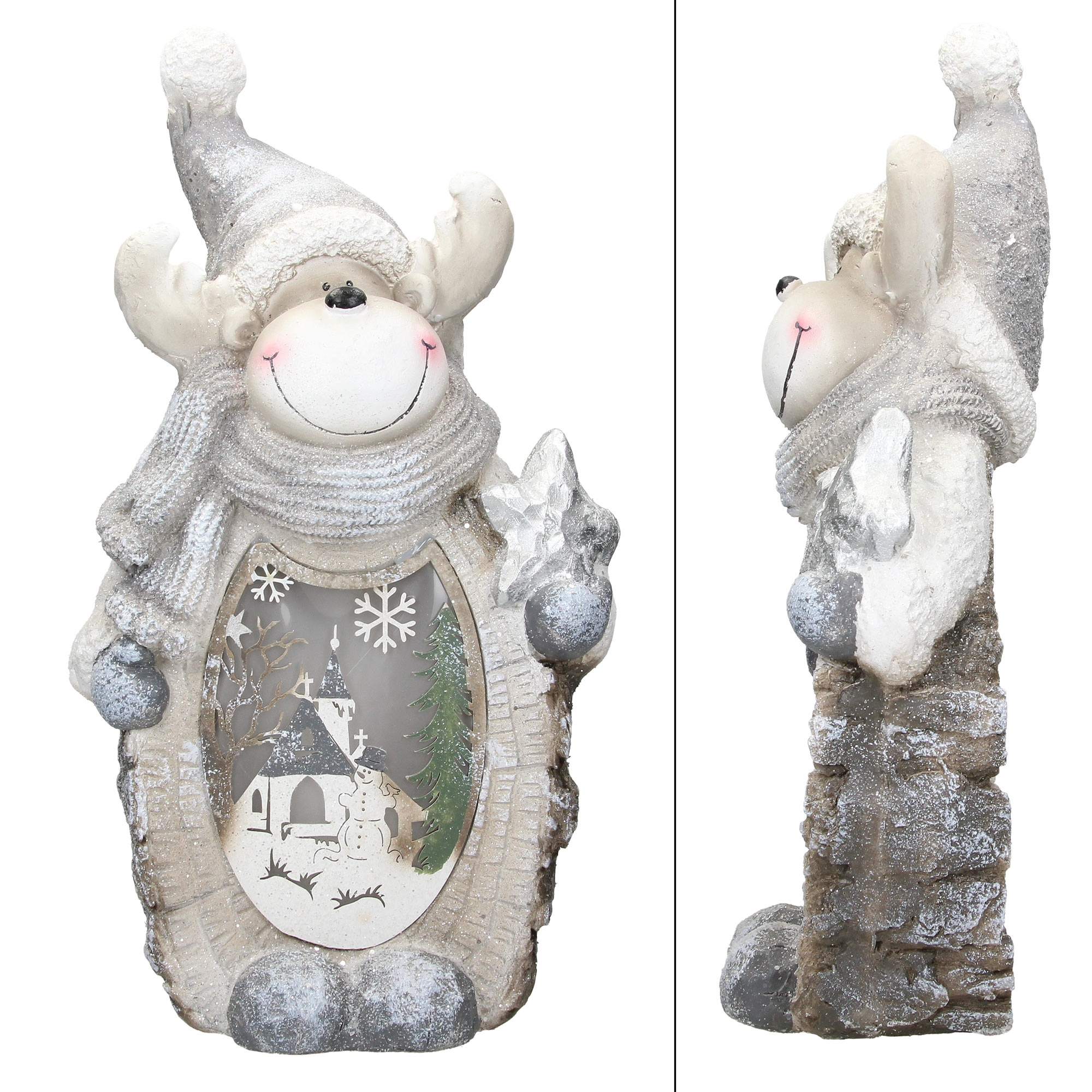 Eine dekorative Rentierfigur mit Hut und Schal, die einen Stern hält. Es hat eine Winterszene im Inneren.