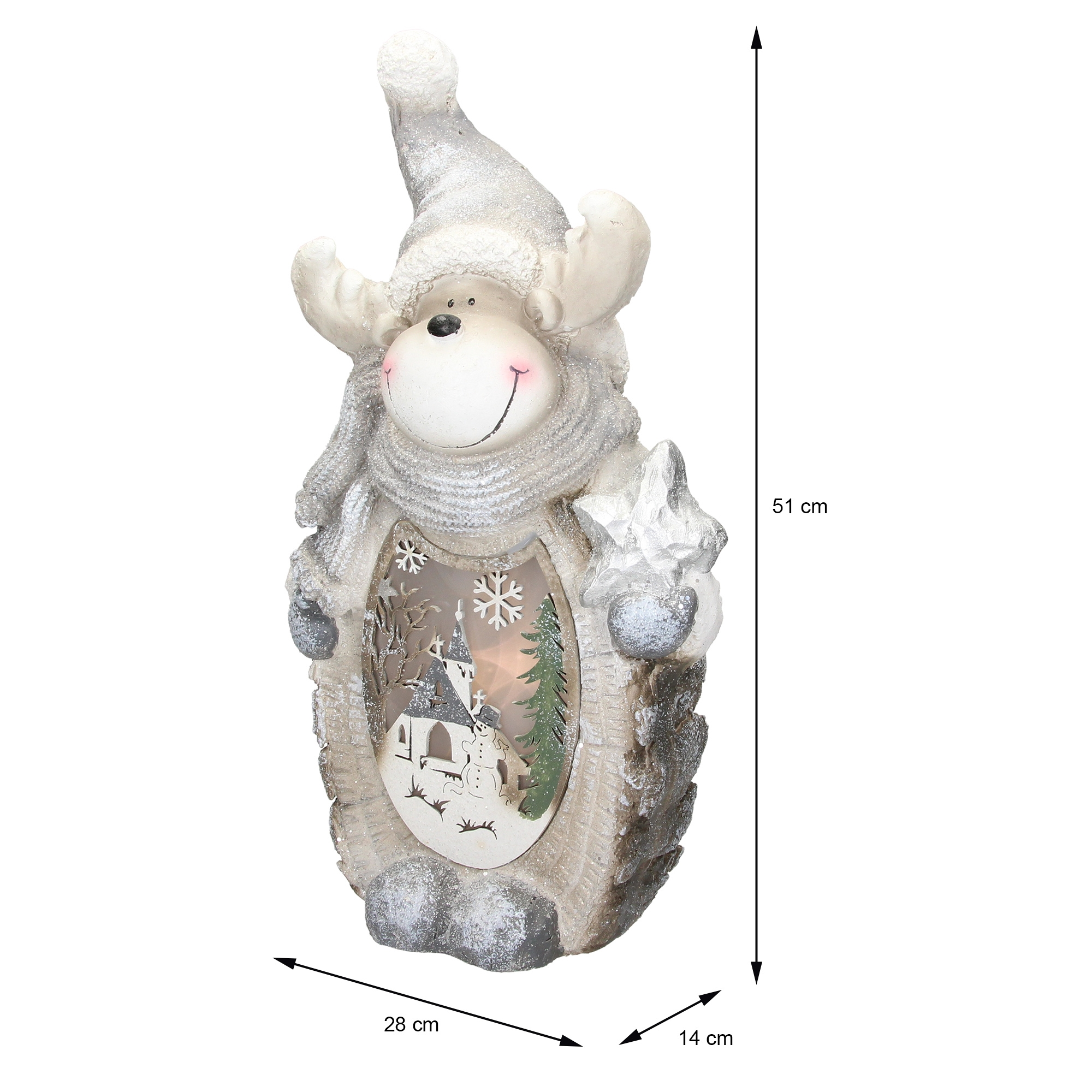 Eine dekorative Rentierfigur mit Hut, Schal und einem Winterlandschaftsausschnitt. Mit Kirche, Schneemann und Baum.