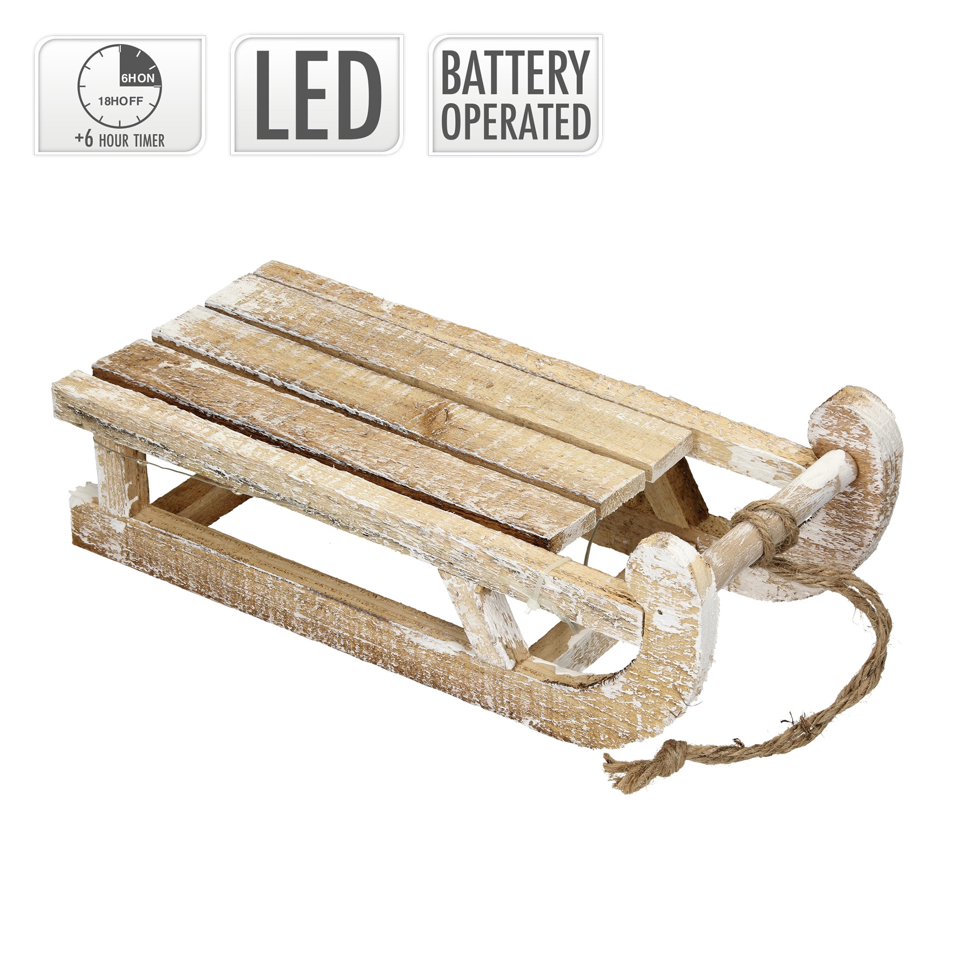Holzschlitten mit weißer Farbe. Er hat ein Seil und ist batteriebetrieben. LED und 6-Stunden-Timer.