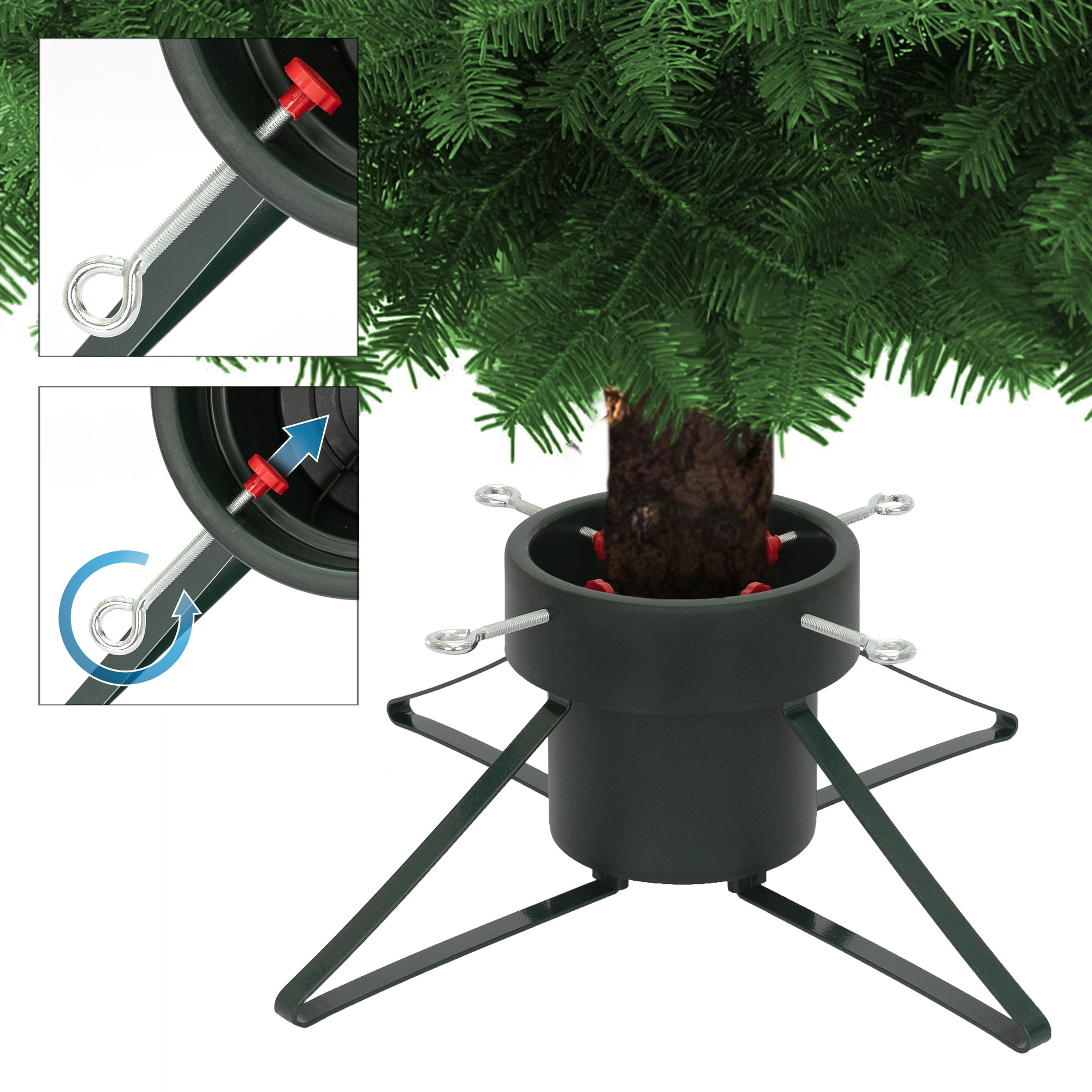 Ein grüner Weihnachtsbaum in einem Ständer. Der Ständer hat rote schraubenartige Befestigungen und Stabilisierungsbeine.