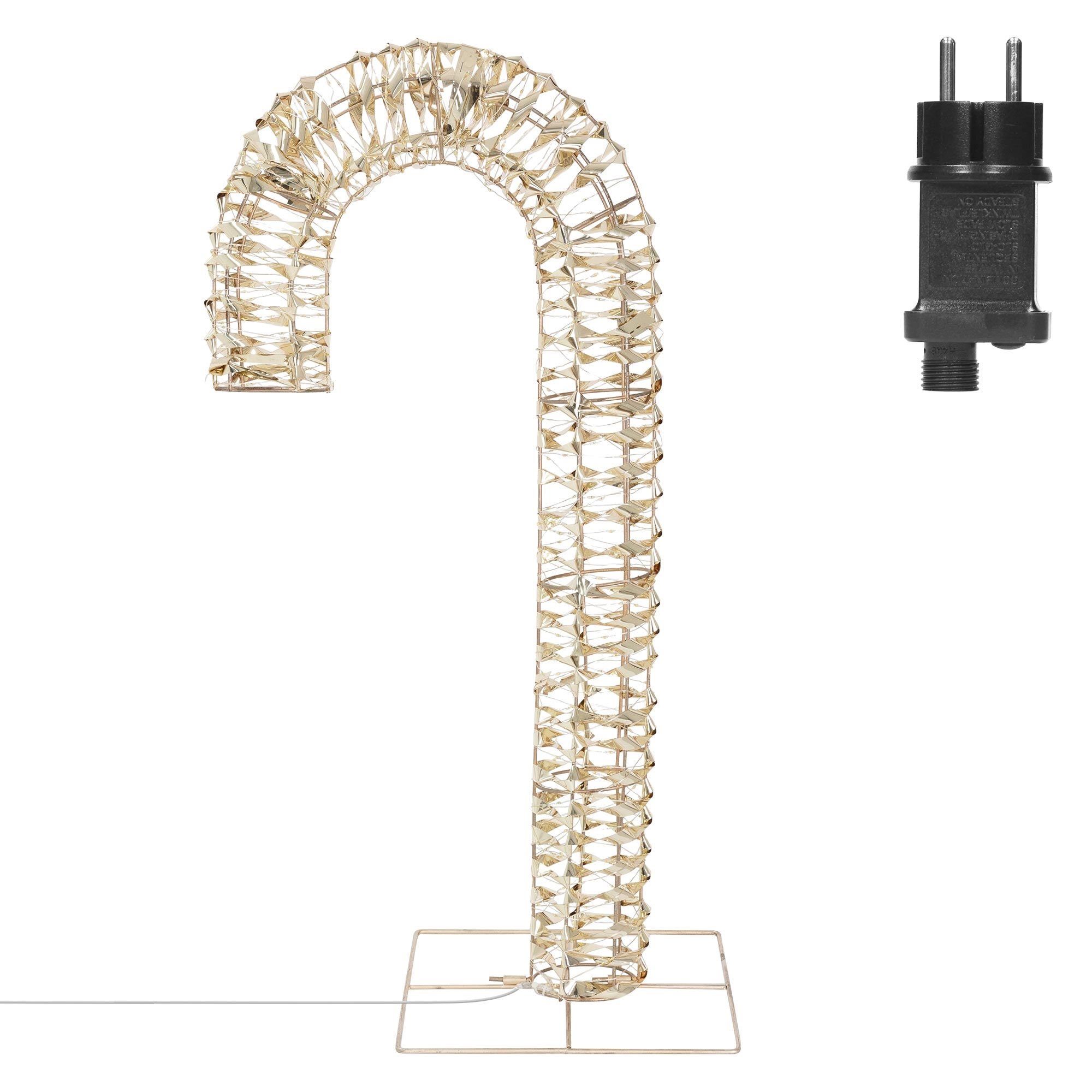 Eine dekorative Leuchte in Form eines Zuckerstabs aus klaren Kristallen. Rechts befindet sich ein schwarzer Stecker.