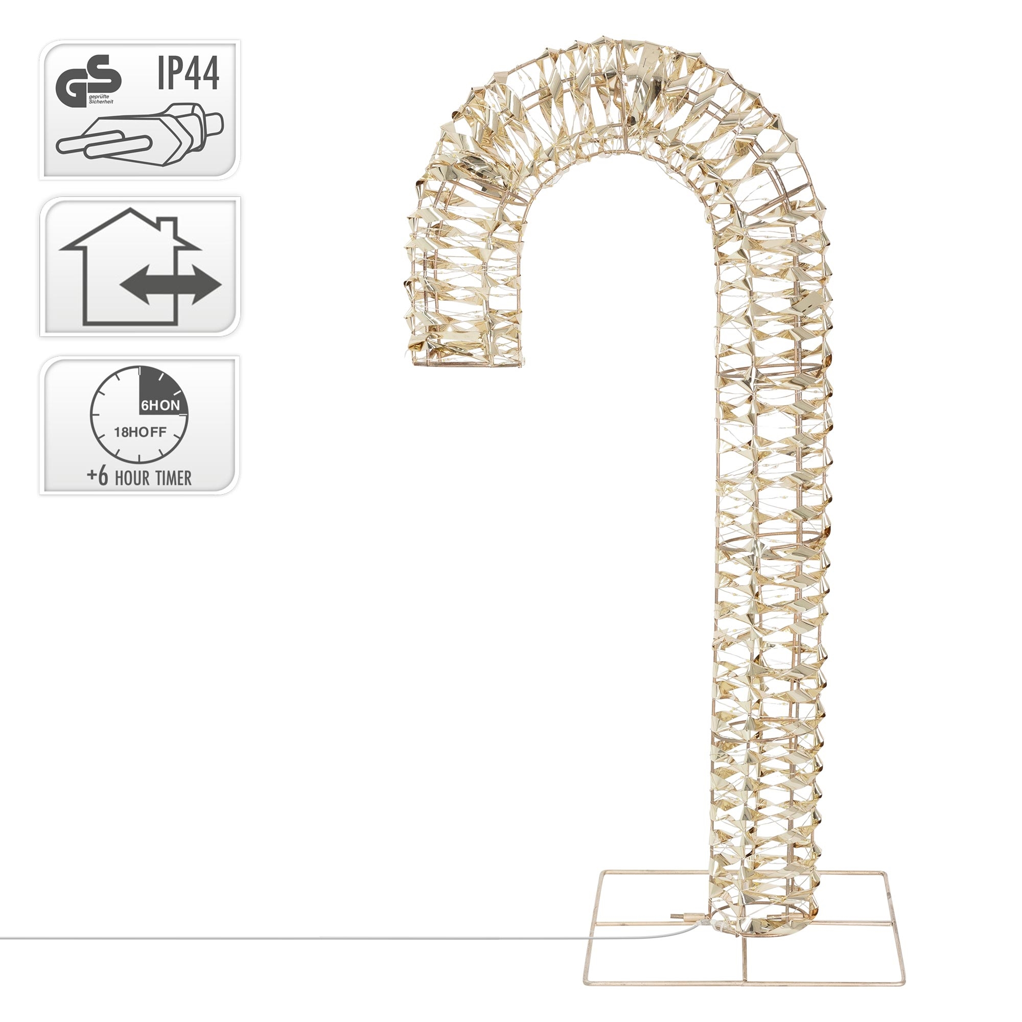 Dekorative, zuckerstangenförmige Leuchte mit kristallartigen Akzenten. Sie hat einen Metallsockel und eine Timer-Funktion.