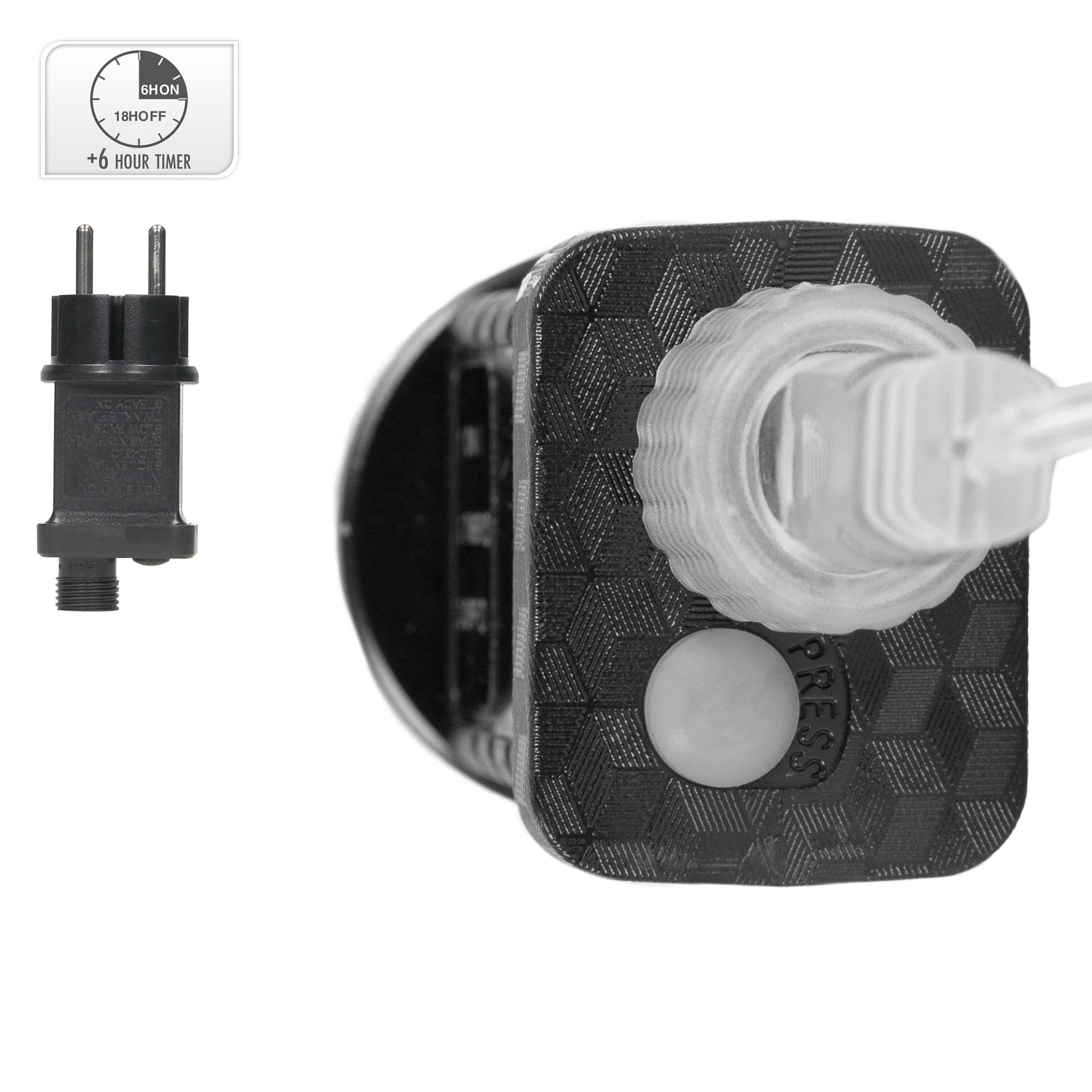 Ein elektrischer Timer mit Netzstecker, 6-Stunden-Timer-Einstellung und einer Taste mit der Aufschrift 'PRESS'.