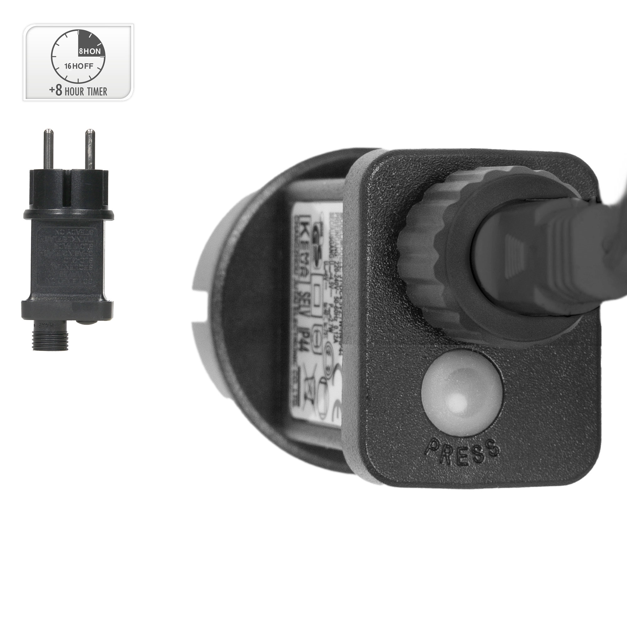 Ein elektrischer Stecker mit Timer-Optionen, einer Taste mit der Aufschrift 'PRESS' und einem angeschlossenen Kabel.