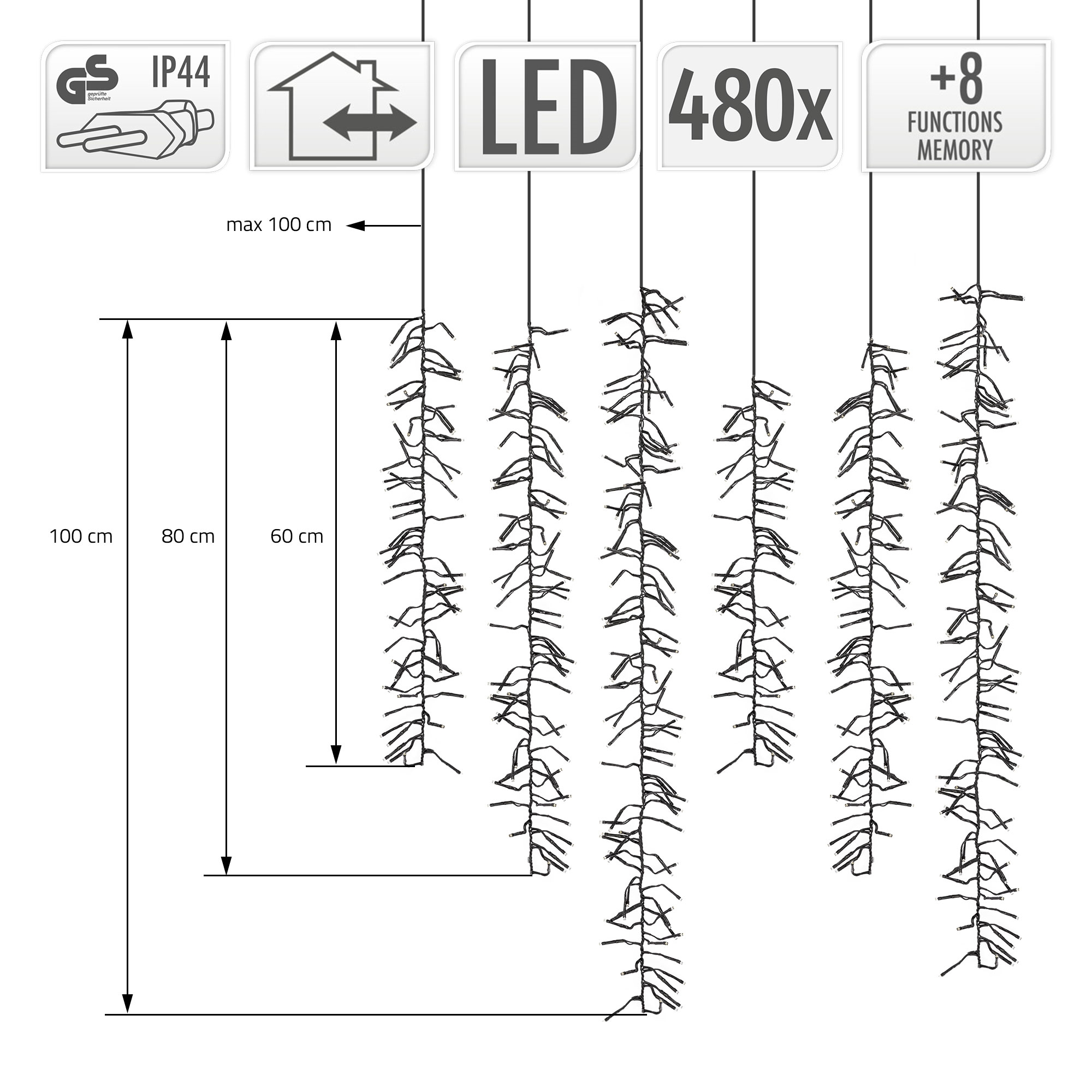 Das Bild zeigt LED-Lichterketten mit verschiedenen Etiketten, darunter IP44, LED 480x und +8 Funktionen. Messungen sind angegeben.