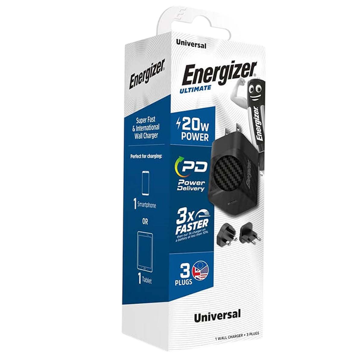 Confezione caricatore da parete Energizer. Caricatore nero con più prese, il testo include "420w POWER" e "Power Delivery".