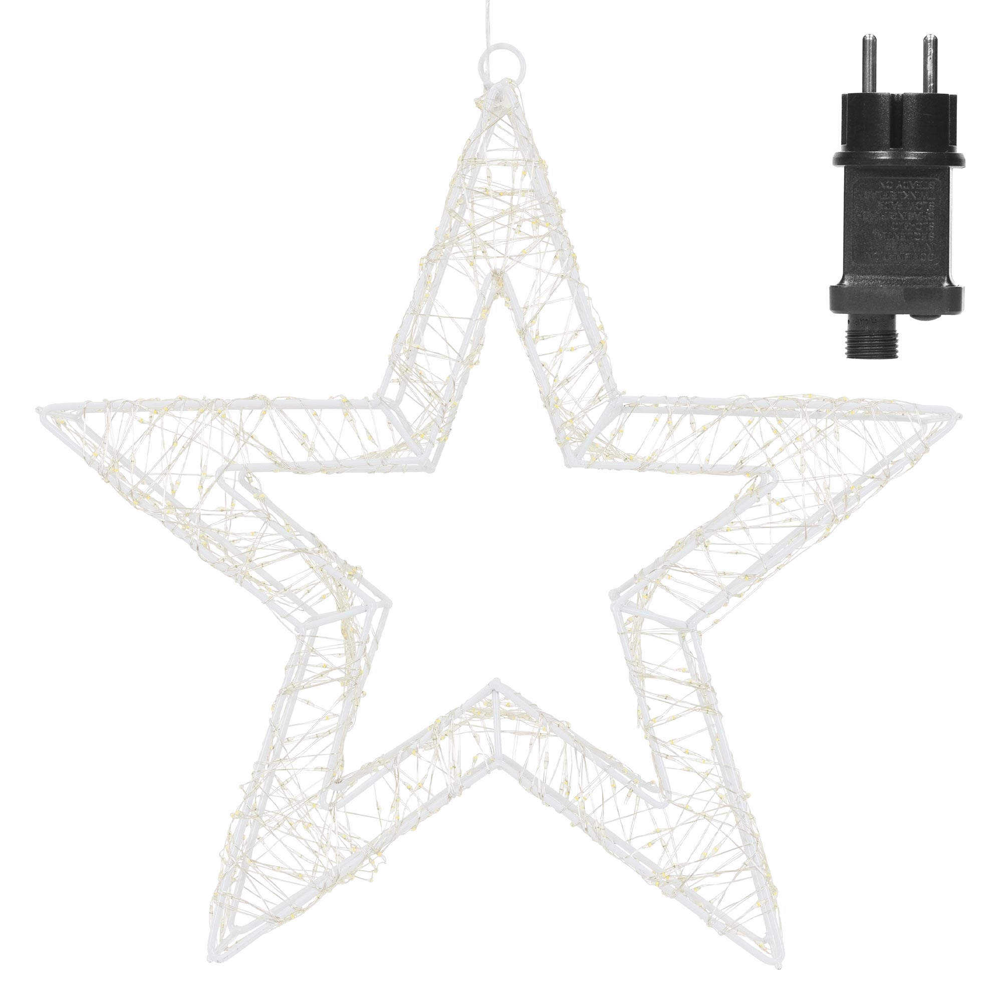Weiße sternförmige Lichtdekoration mit kleinen Lichtern. Rechts befindet sich ein schwarzer Stecker.
