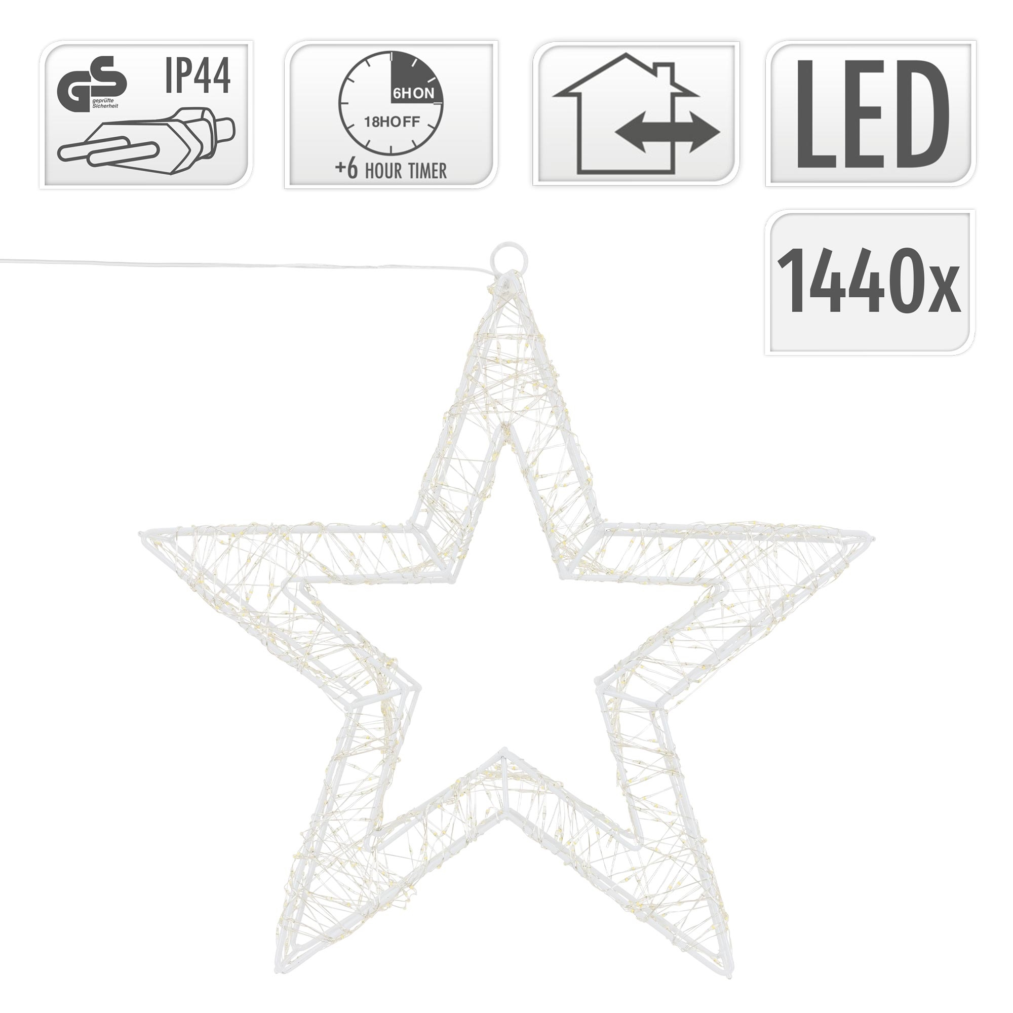 Eine weiße sternförmige LED-Leuchtdekoration mit Details wie IP44, Timer und Anzahl der LEDs.