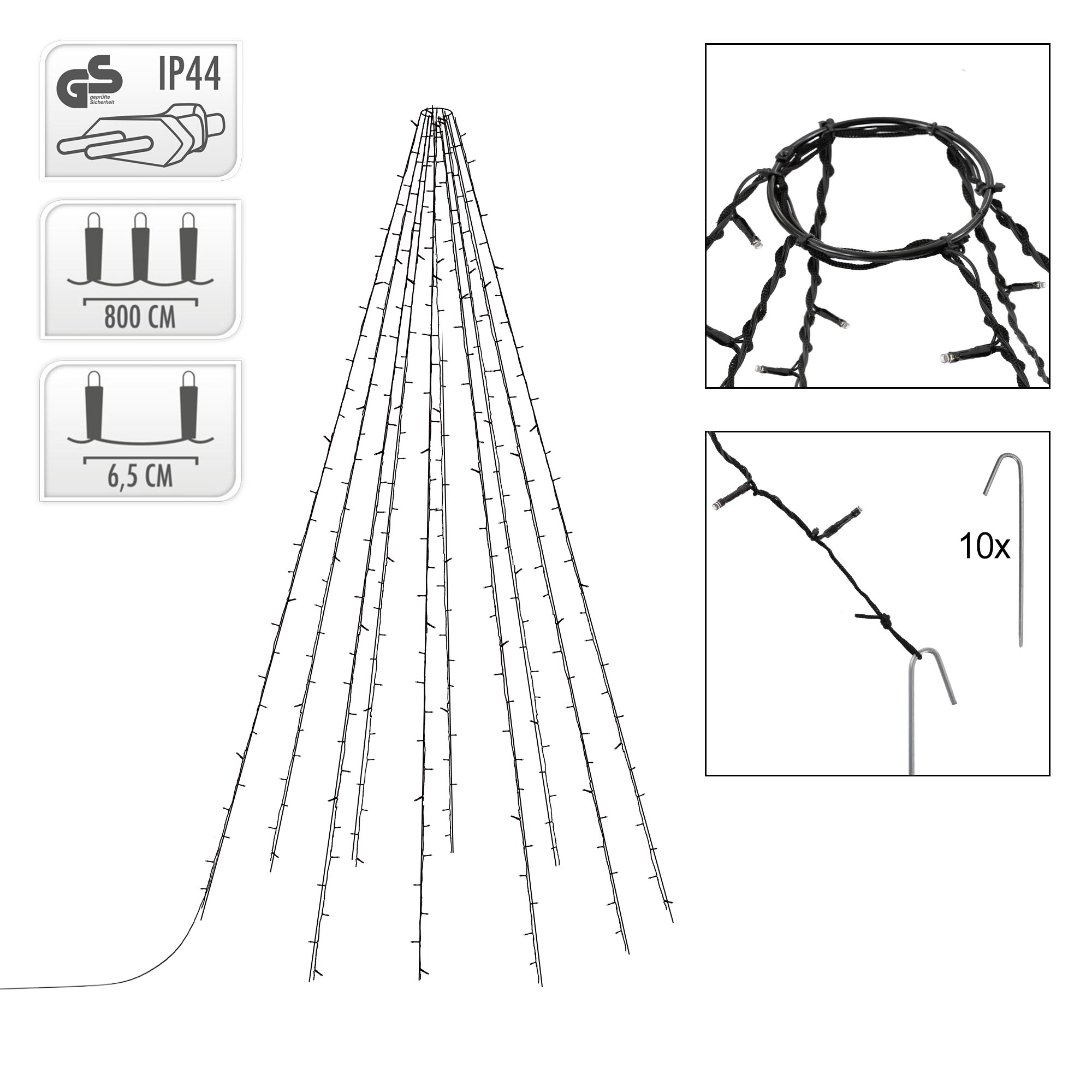 Ein weihnachtsbaumförmiges Lichterketten-Set mit schwarzen Drähten und weißen Lichtern. Inklusive Heringe und Nahaufnahmen.