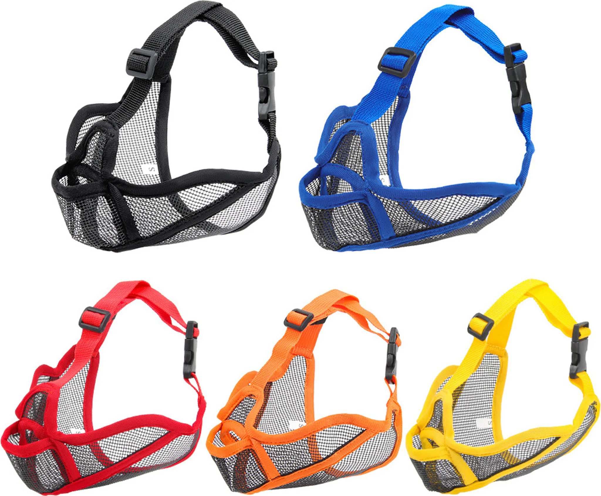 Fünf Hundemaulkörbe in Schwarz, Blau, Rot, Orange und Gelb. Jeder hat Mesh und verstellbare Träger mit Schnallen.