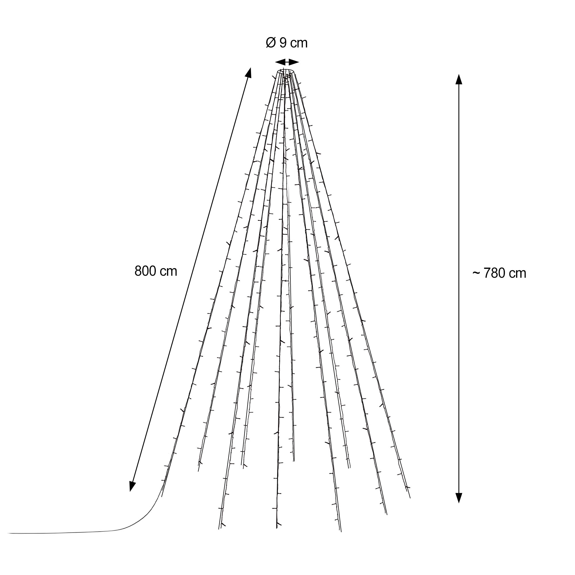 Diagramm einer konischen Struktur mit Lichtern, Maße: 9 cm Durchmesser, 800 cm Länge und ca. 780 cm Höhe.