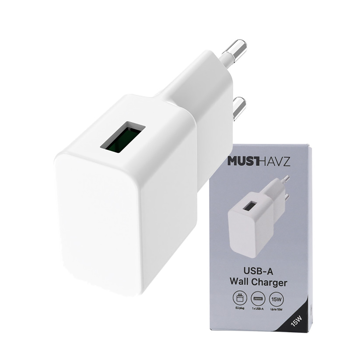 Un caricabatterie da parete USB-A bianco con una scatola accanto. La scatola mostra il caricabatterie ed elenca le caratteristiche: 15W, spina UE, 1x USB-A.