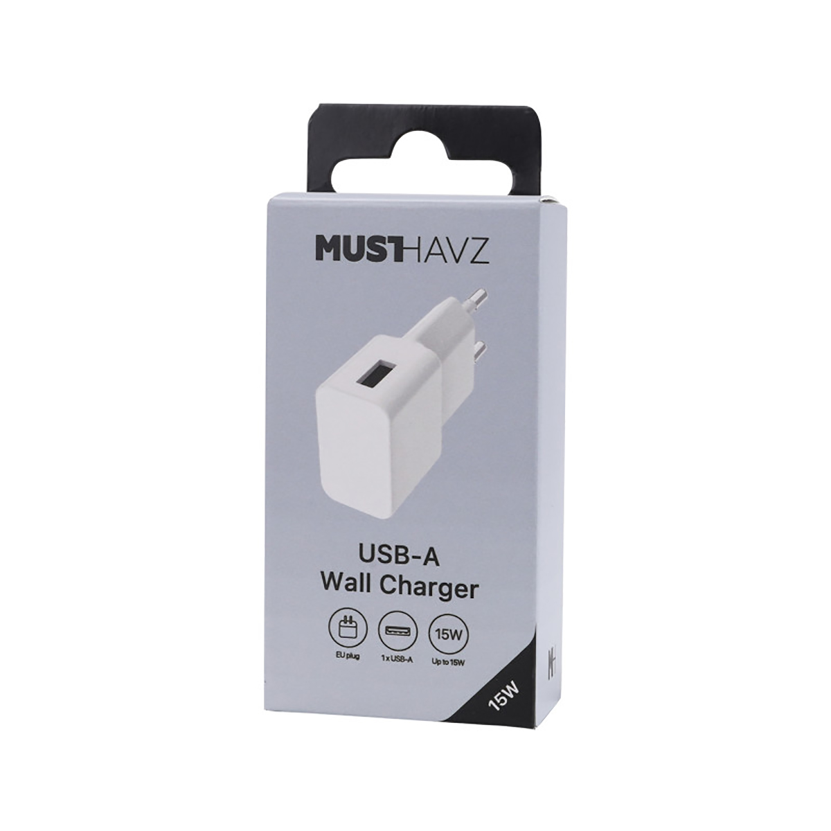 Un caricabatterie da parete USB-A bianco nella sua scatola. La scatola è grigio chiaro con il marchio 'MUSTHAVZ'. Mostra il caricabatterie e i dettagli tecnici.